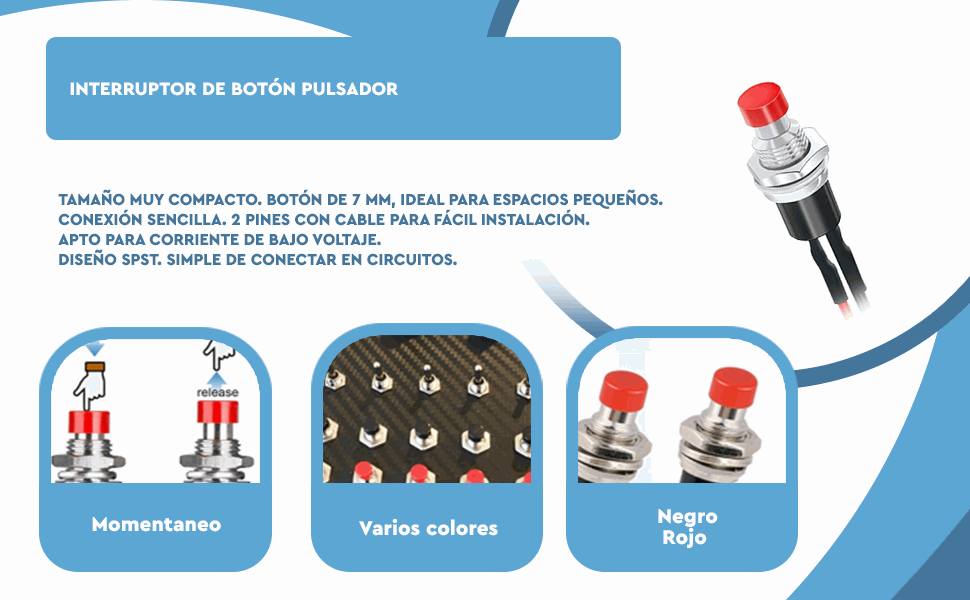 Banner - Interruptor de botón pulsador SPST 7 mm 1A 250VAC Rojo con cable