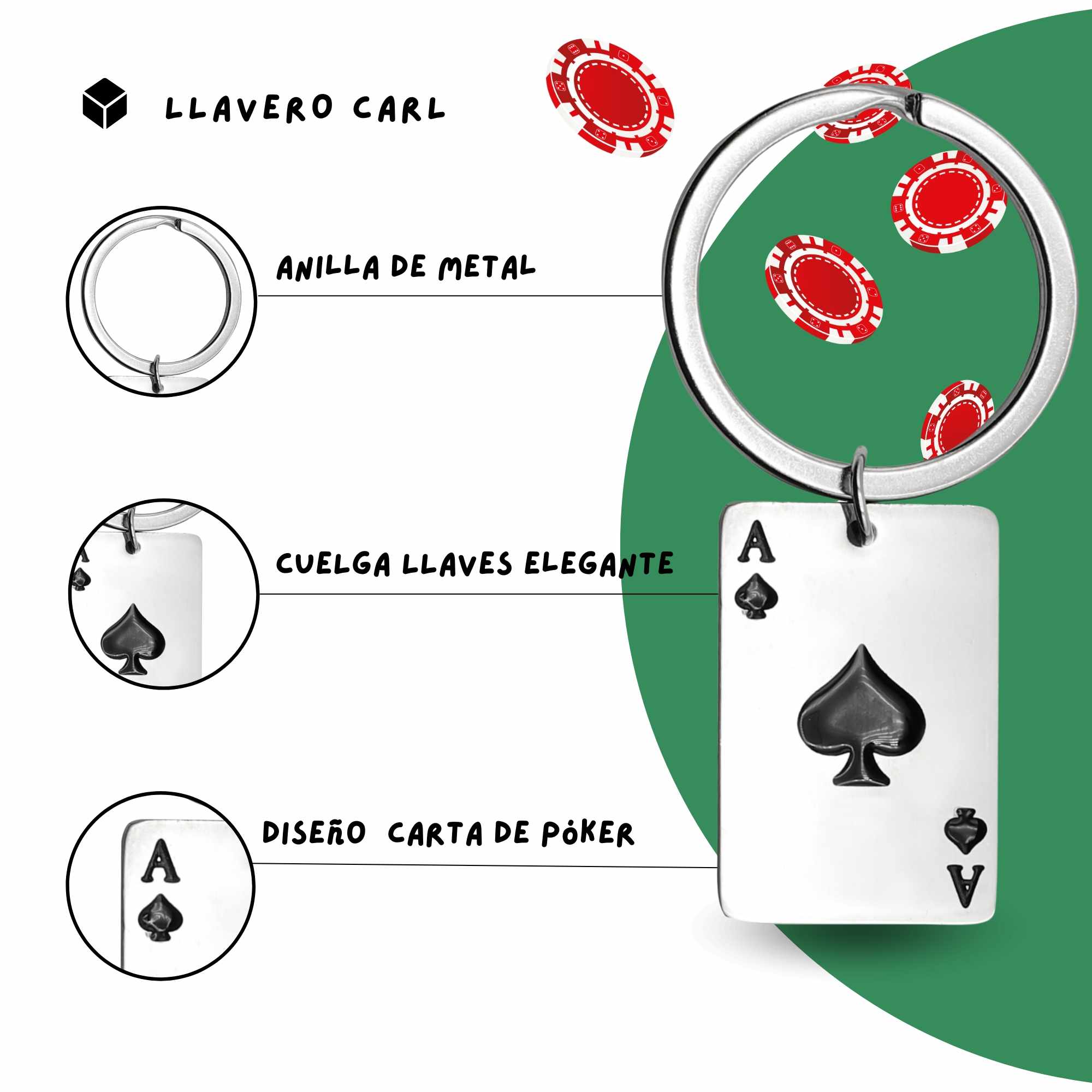 Llavero poker As de picas acero inoxidable - imagen 2