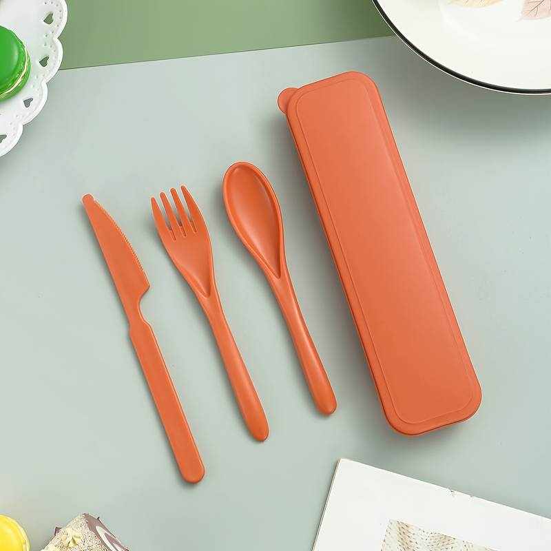Juego de cubiertos de plástico Reutilizables con estuche naranja - imagen 2