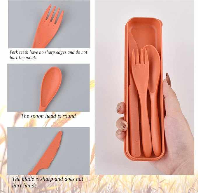 Juego de cubiertos de plástico Reutilizables con estuche naranja - imagen 4