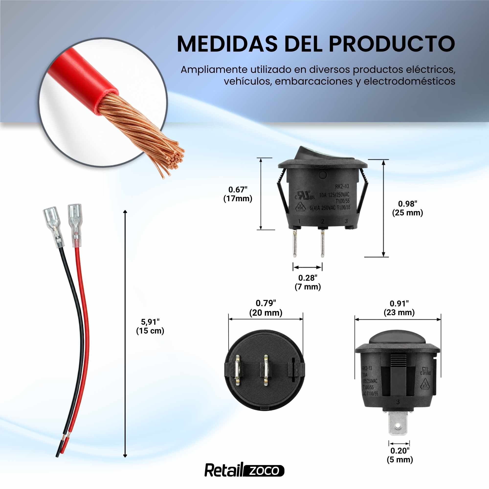 Interruptor redondo basculante con cable ON/OFF 6A/250V 10A/125V AC - imagen 4