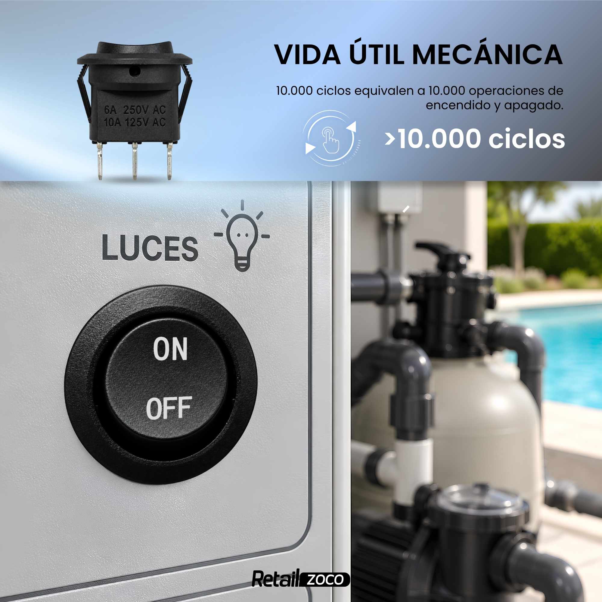 Interruptor redondo basculante con cable ON/OFF 6A/250V 10A/125V AC - imagen 6