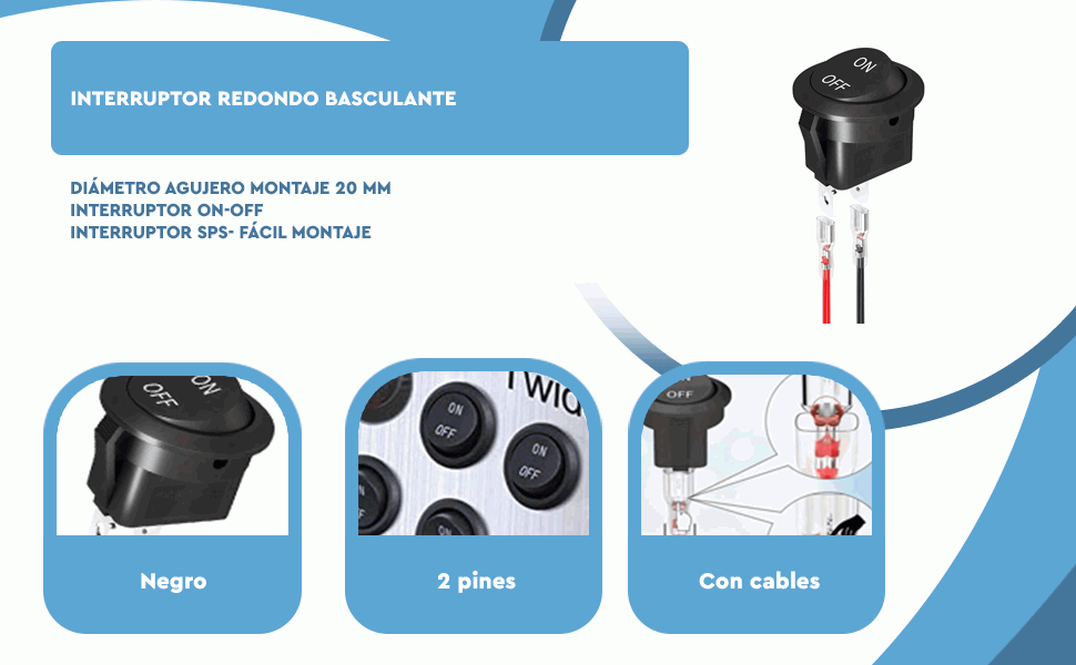 Banner - Interruptor redondo basculante con cable ON/OFF 6A/250V 10A/125V AC