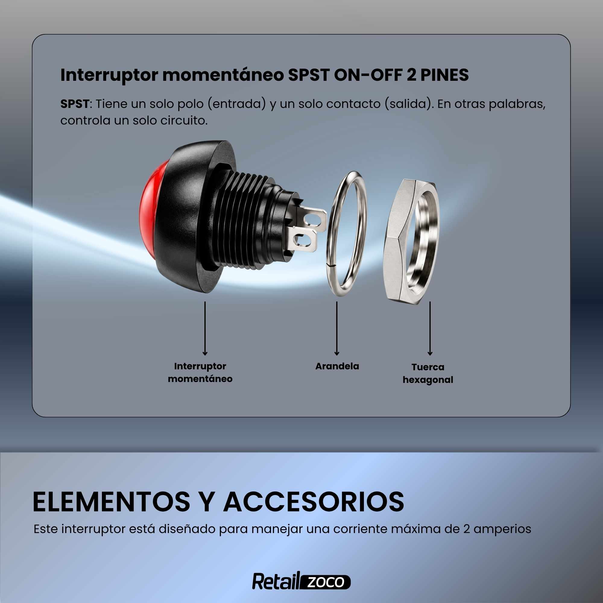 Interruptor Momentáneo 12 mm ON-OFF 125 V 3 A Rojo - imagen 5