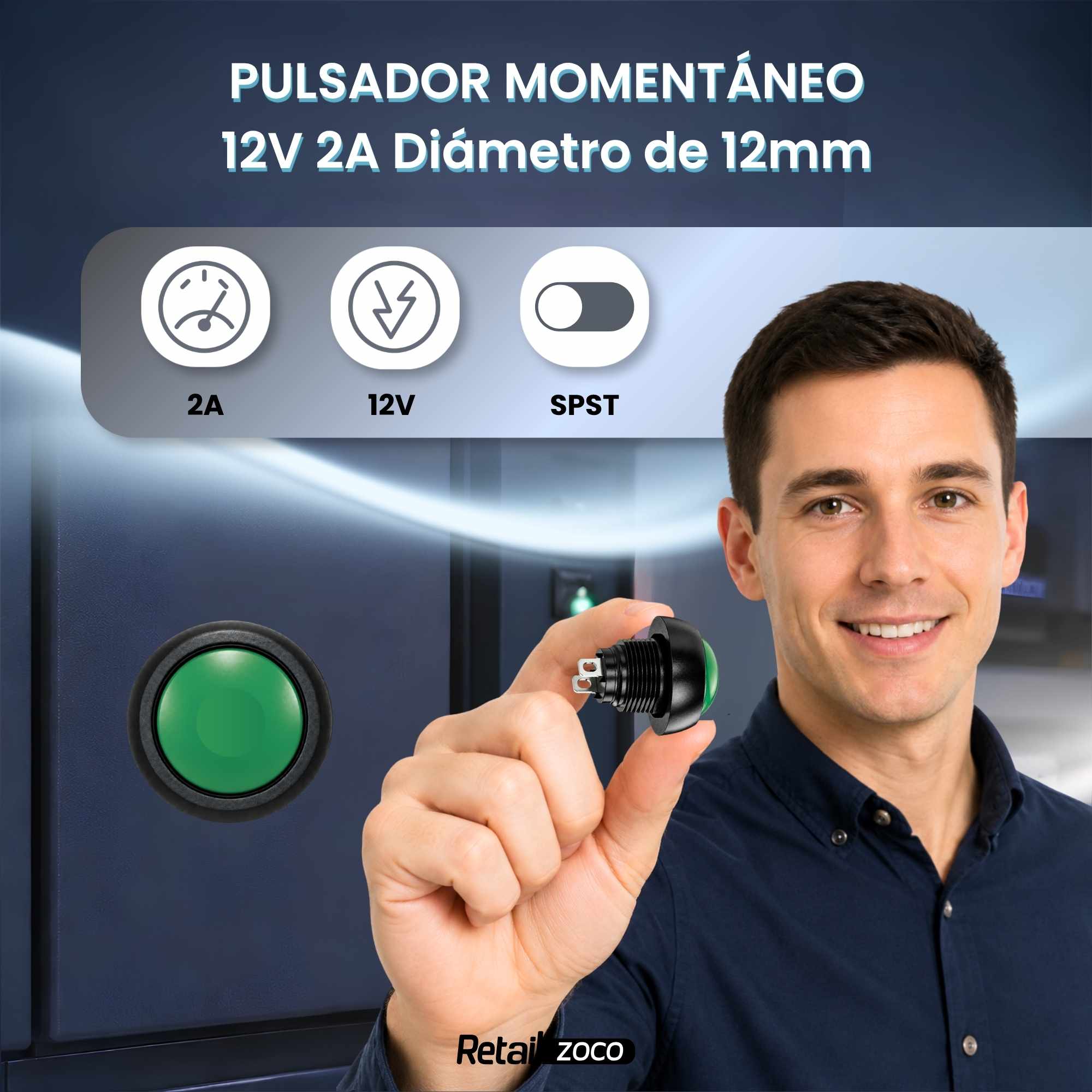 Interruptor Momentáneo 12 mm ON-OFF 125 V 3 A Verde - imagen 2