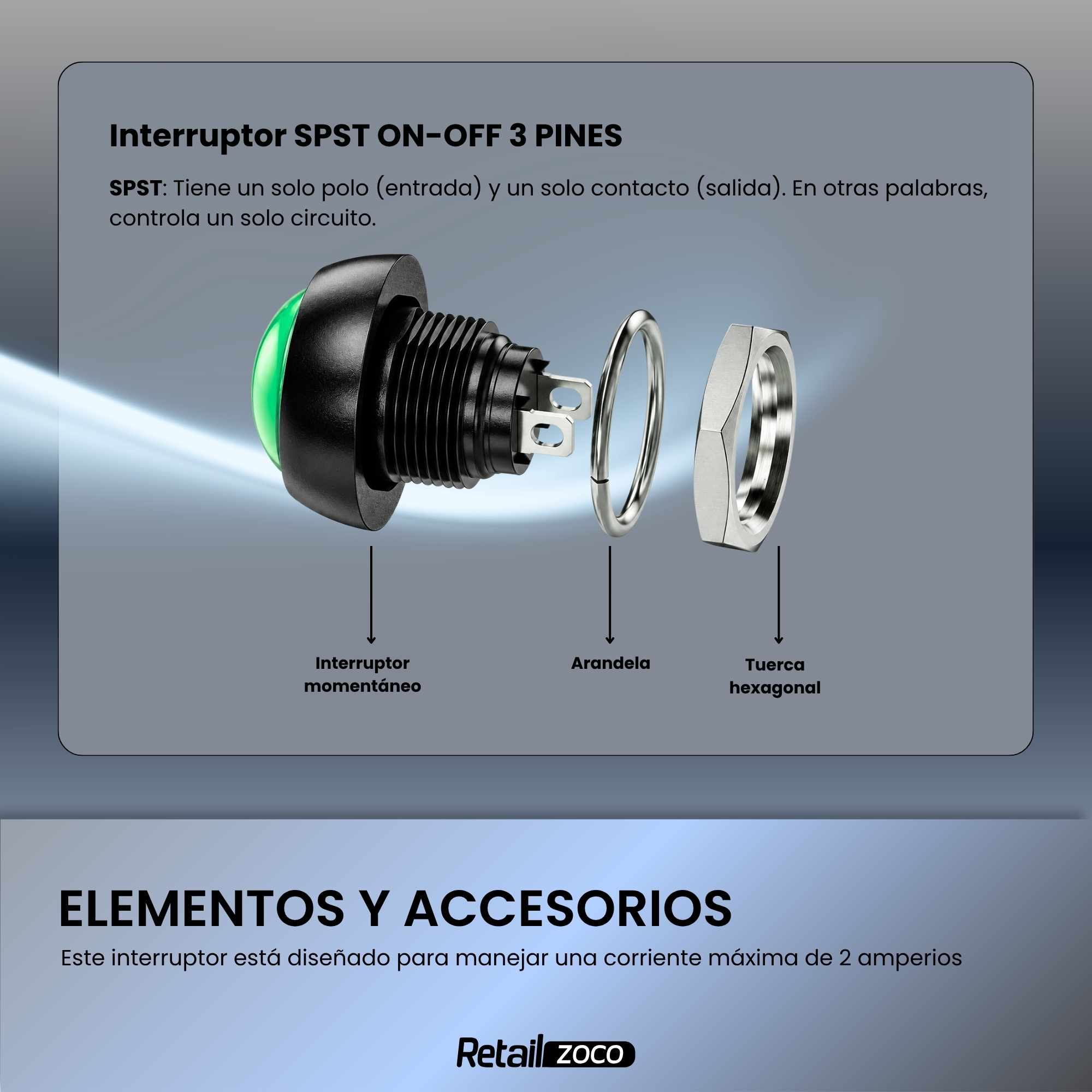 Interruptor Momentáneo 12 mm ON-OFF 125 V 3 A Verde - imagen 5