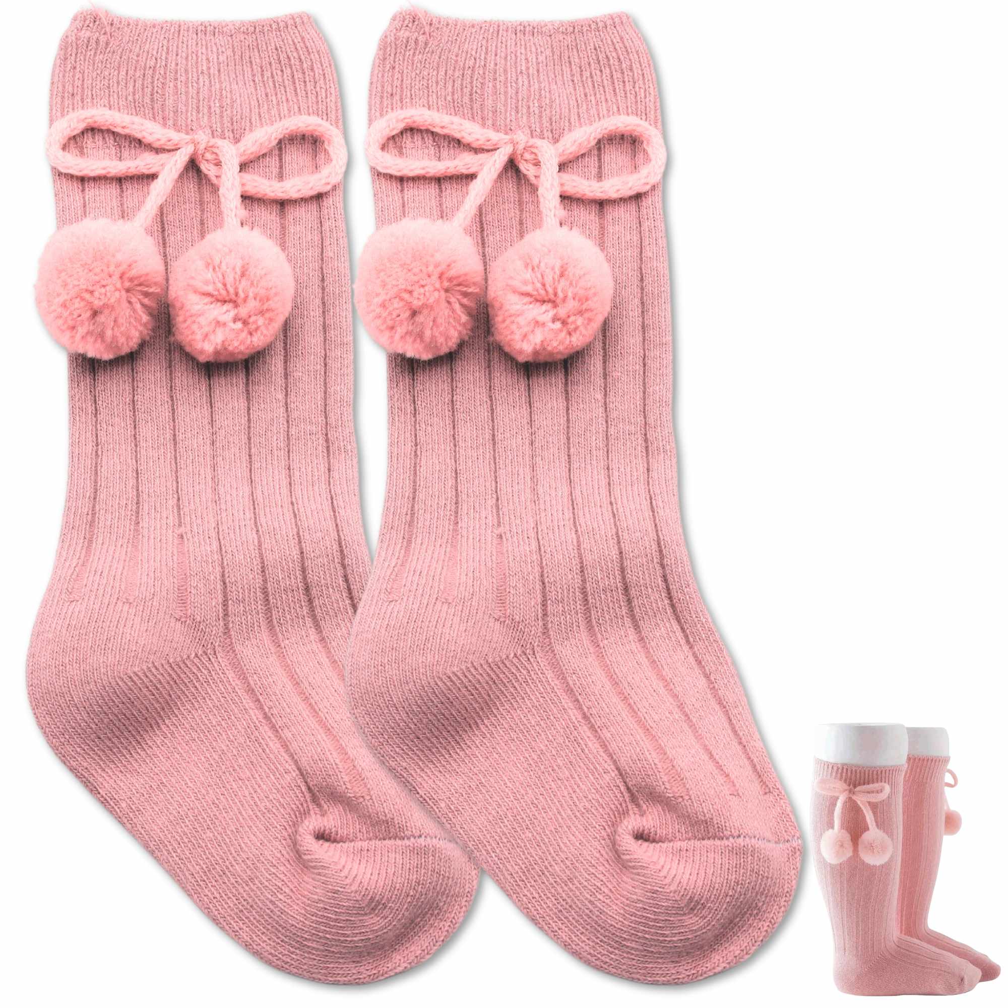 Calcetines Largos de Algodón Con Pompon para bebe 3 a 12 meses Rosa