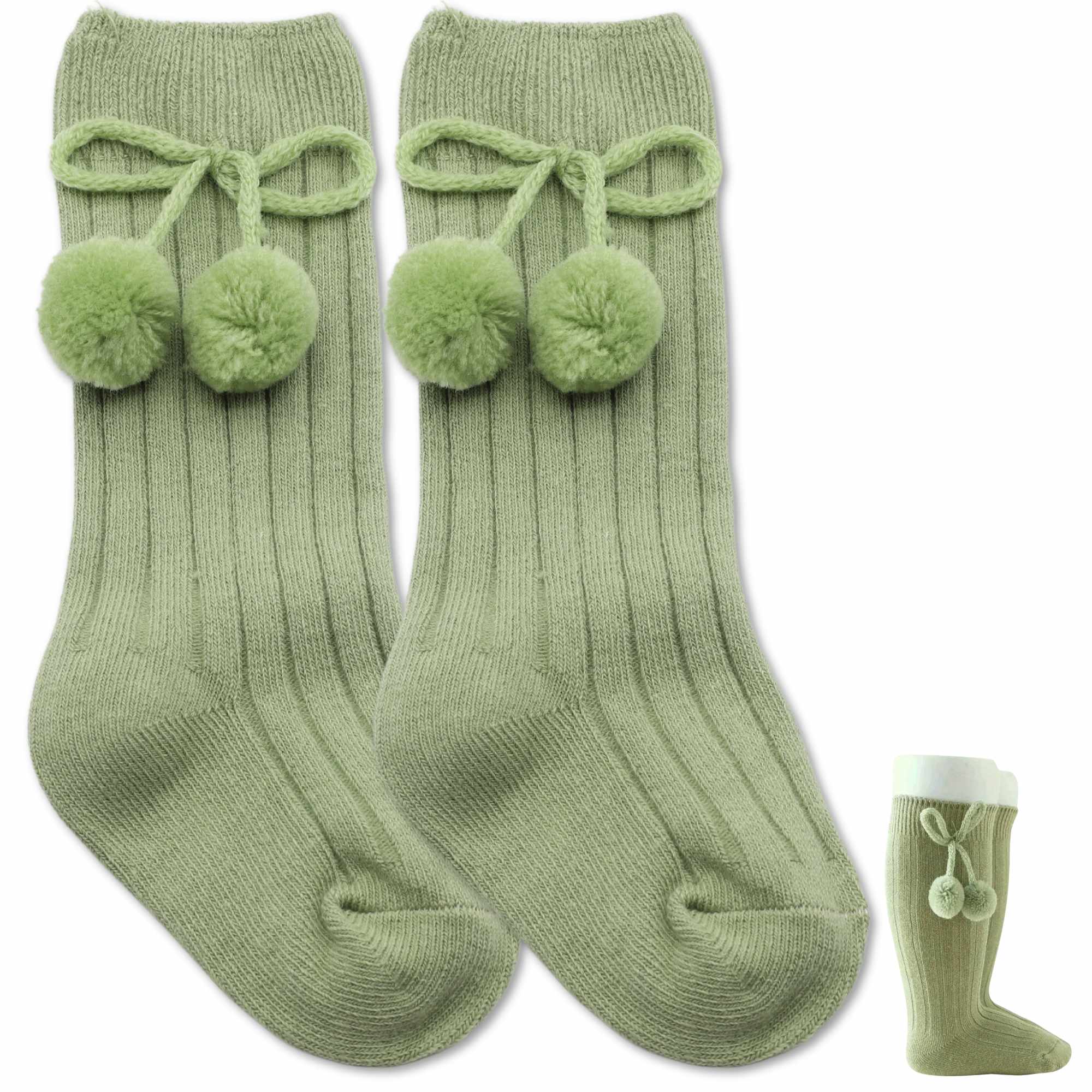Calcetines Largos de Algodón Con Pompon para bebe 3 a 12 meses Verde - imagen 1