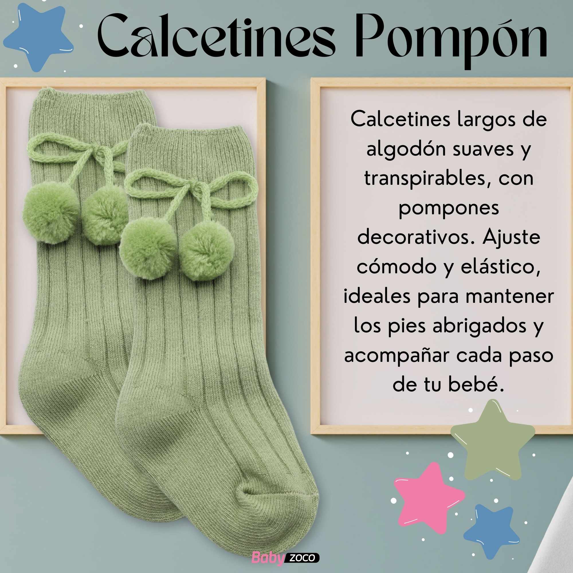 Calcetines Largos de Algodón Con Pompon para bebe 3 a 12 meses Verde - imagen 2