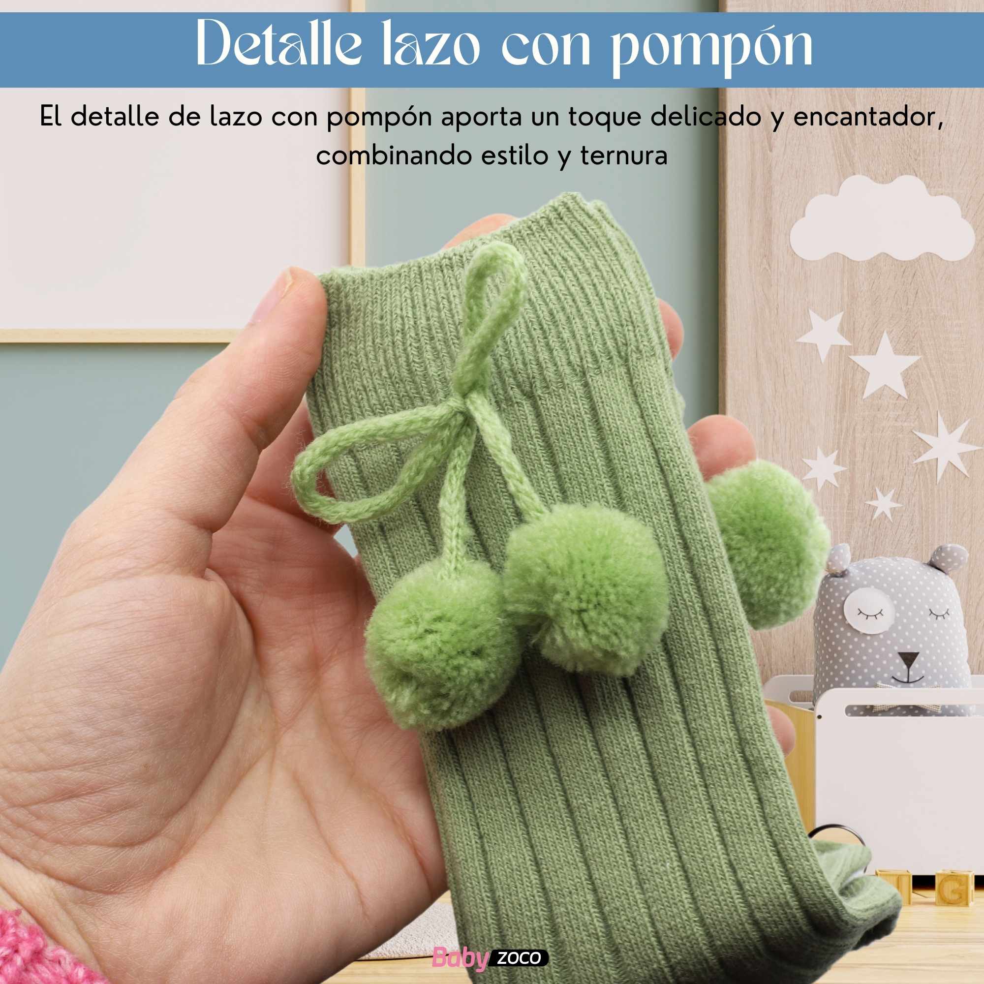 Calcetines Largos de Algodón Con Pompon para bebe 3 a 12 meses Verde - imagen 3