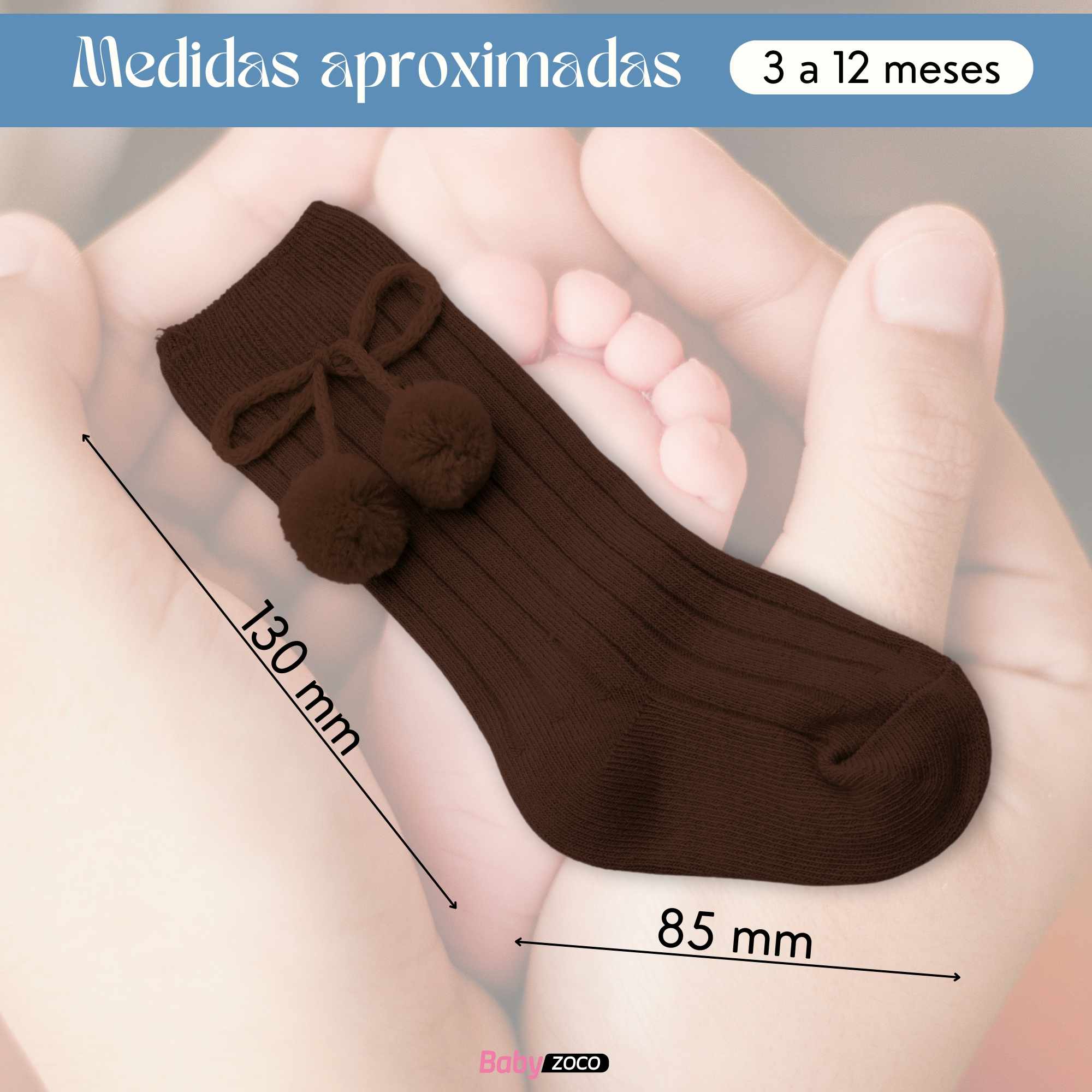 Calcetines Largos de Algodón Con Pompon para bebe 3 a 12 meses Marrón - imagen 6