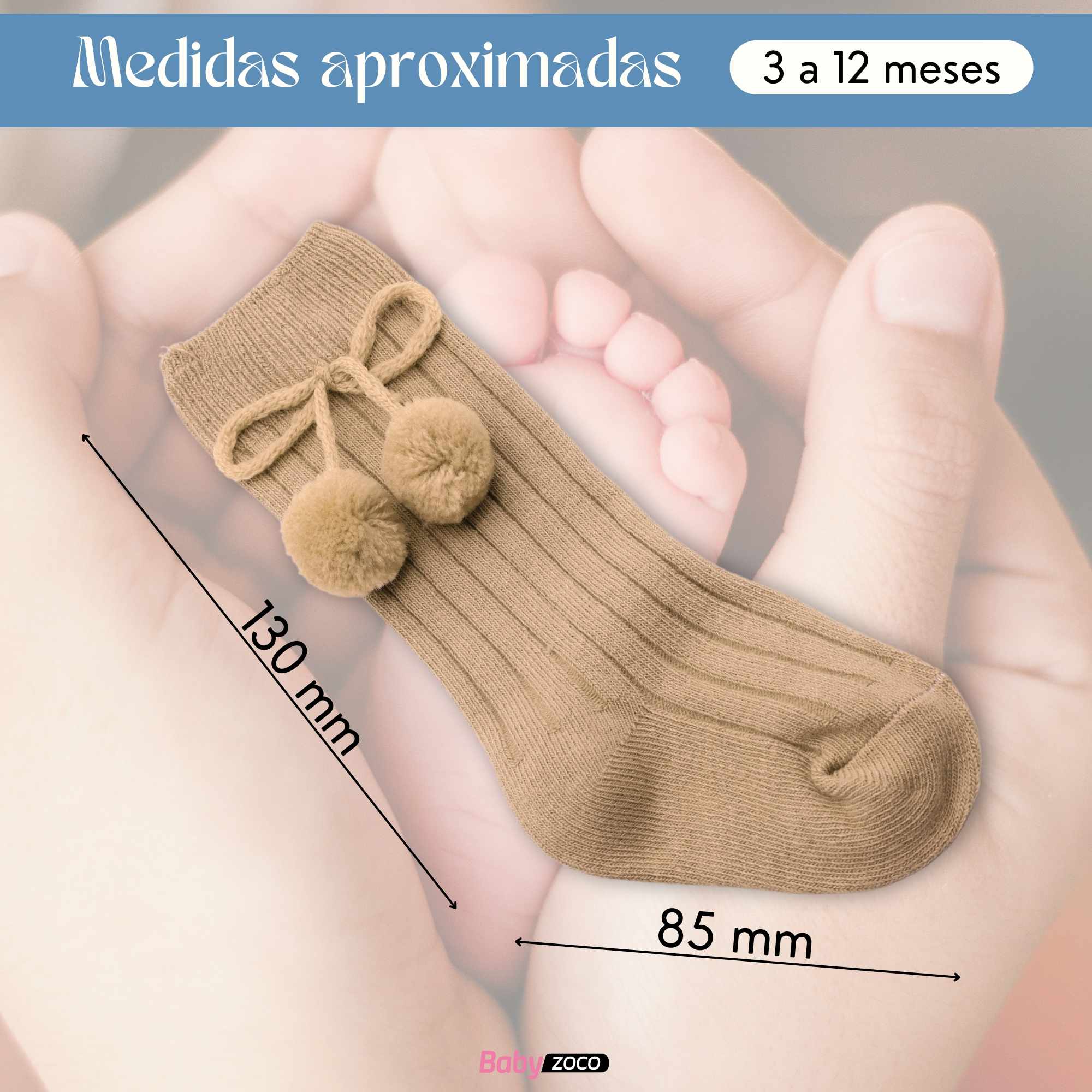 Calcetines Largos de Algodón Con Pompon para bebe 3 a 12 meses Beige - imagen 5