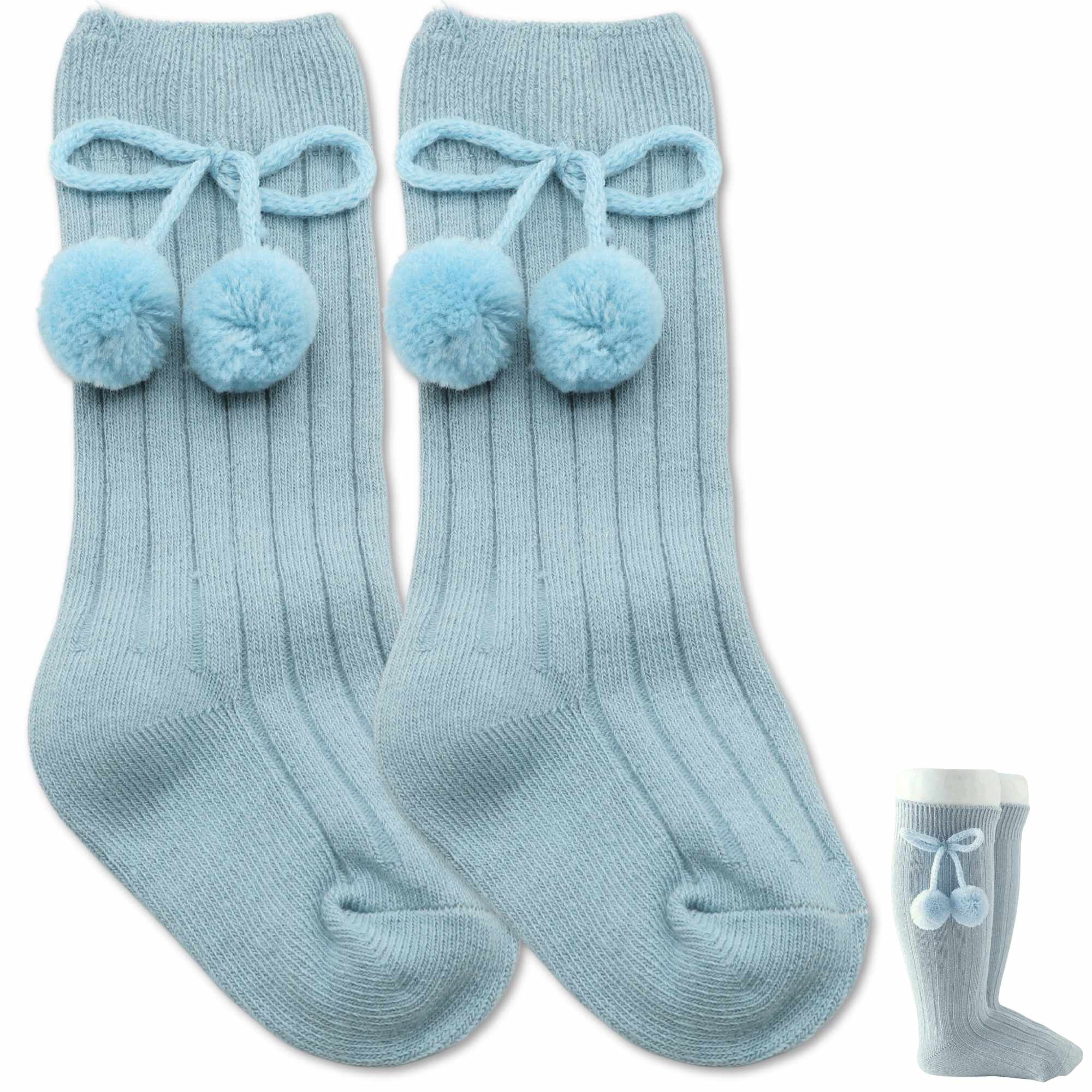 Calcetines Largos de Algodón Con Pompon para bebe 1 a 2 años Azul