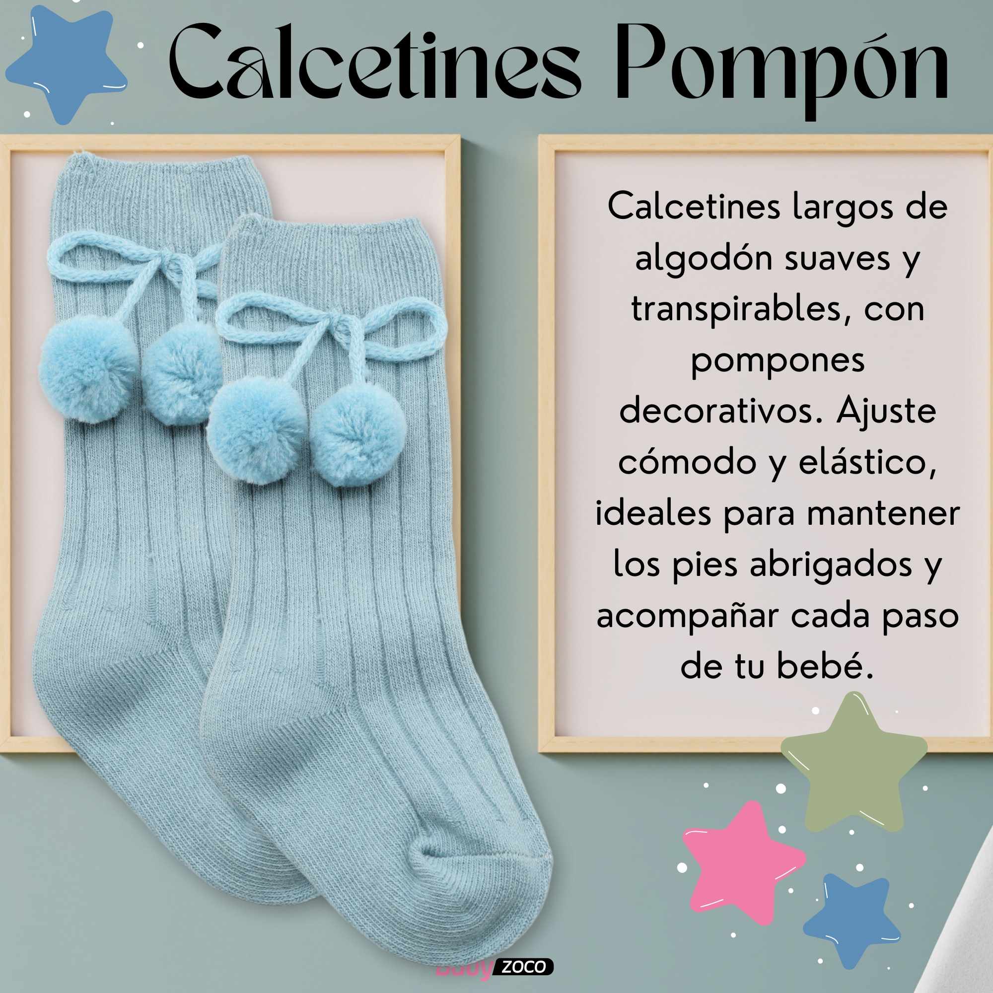 Calcetines Largos de Algodón Con Pompon para bebe 1 a 2 años Azul - imagen 2