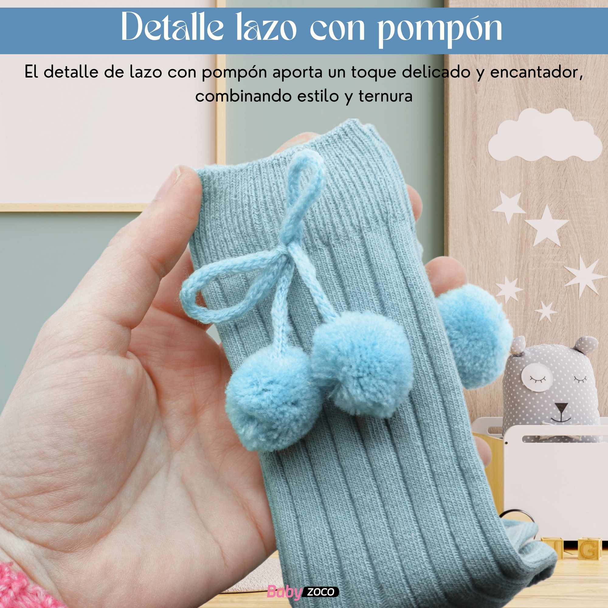 Calcetines Largos de Algodón Con Pompon para bebe 1 a 2 años Azul - imagen 3