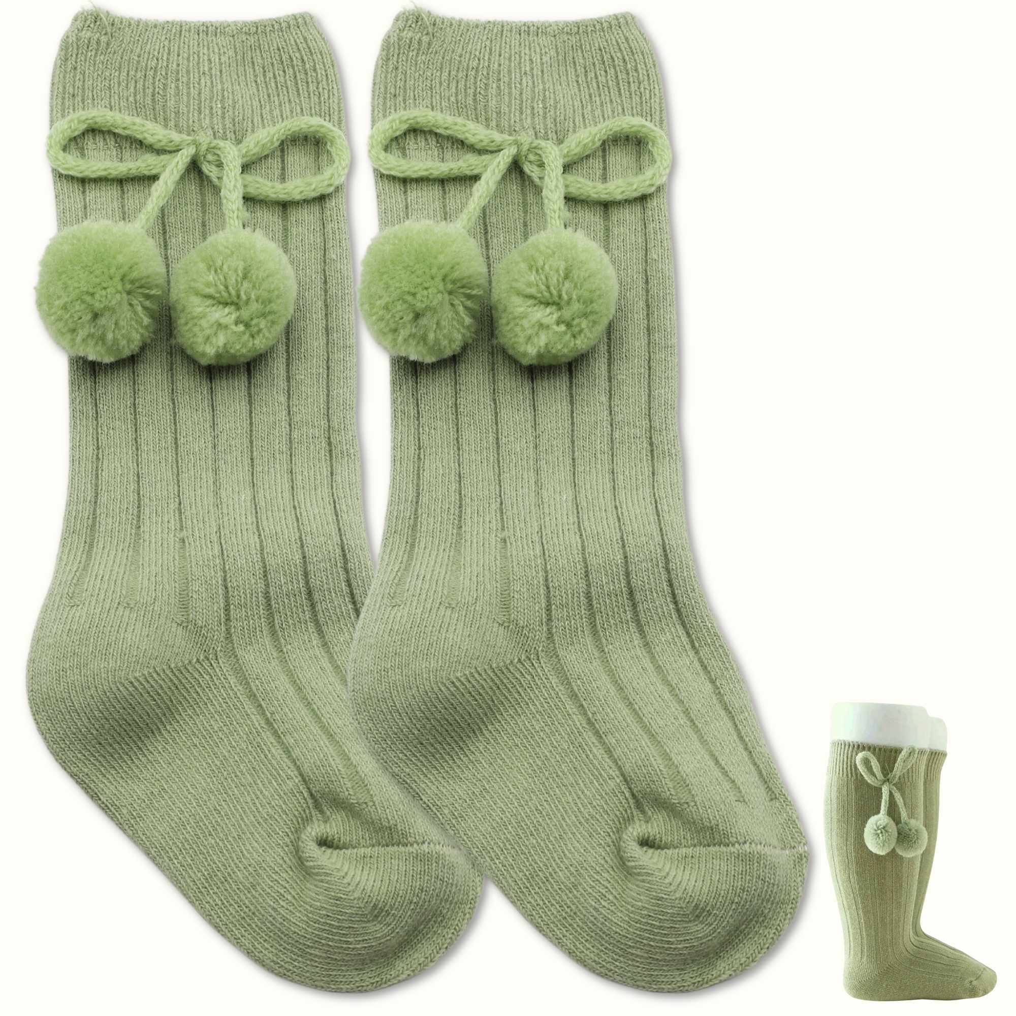 Calcetines Largos de Algodón Con Pompon para bebe 1 a 2 años Verde