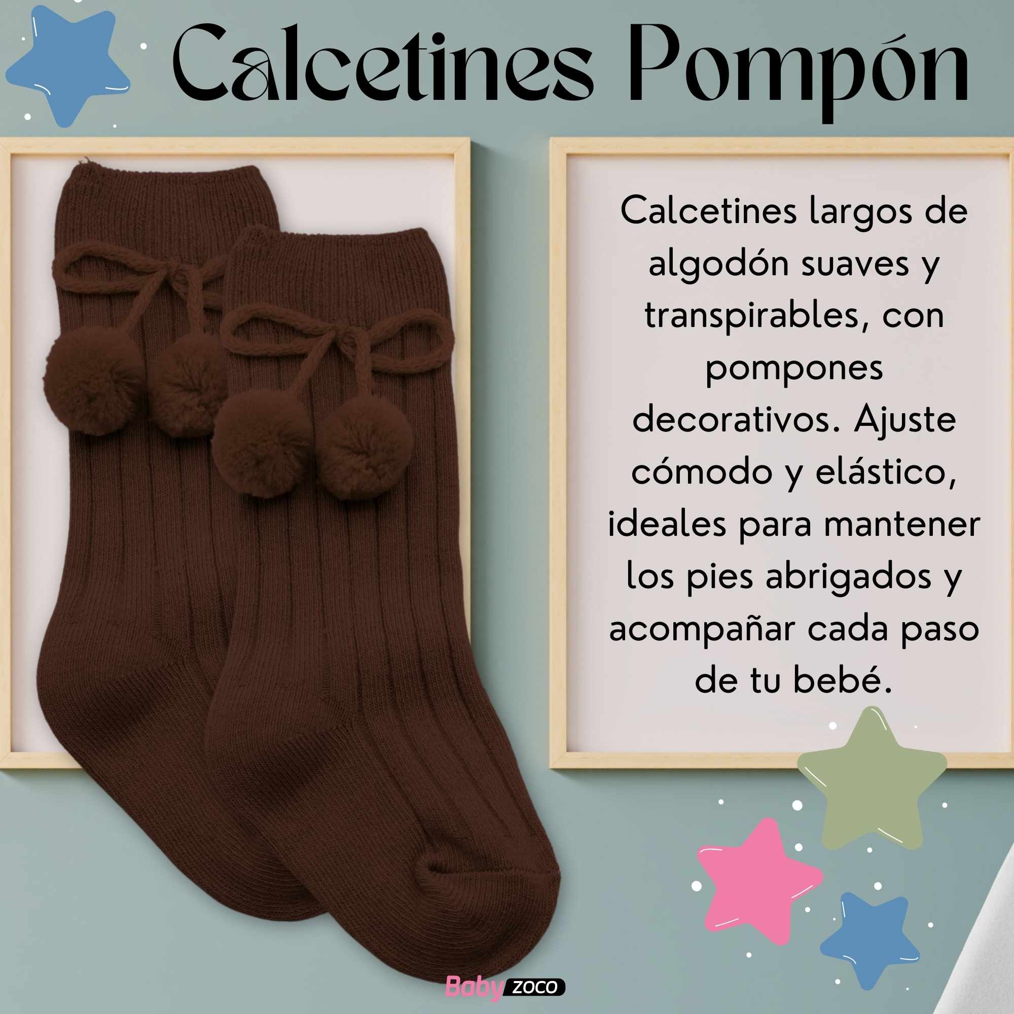 Calcetines Largos de Algodón Con Pompon para bebe 1 a 2 años Marrón - imagen 2