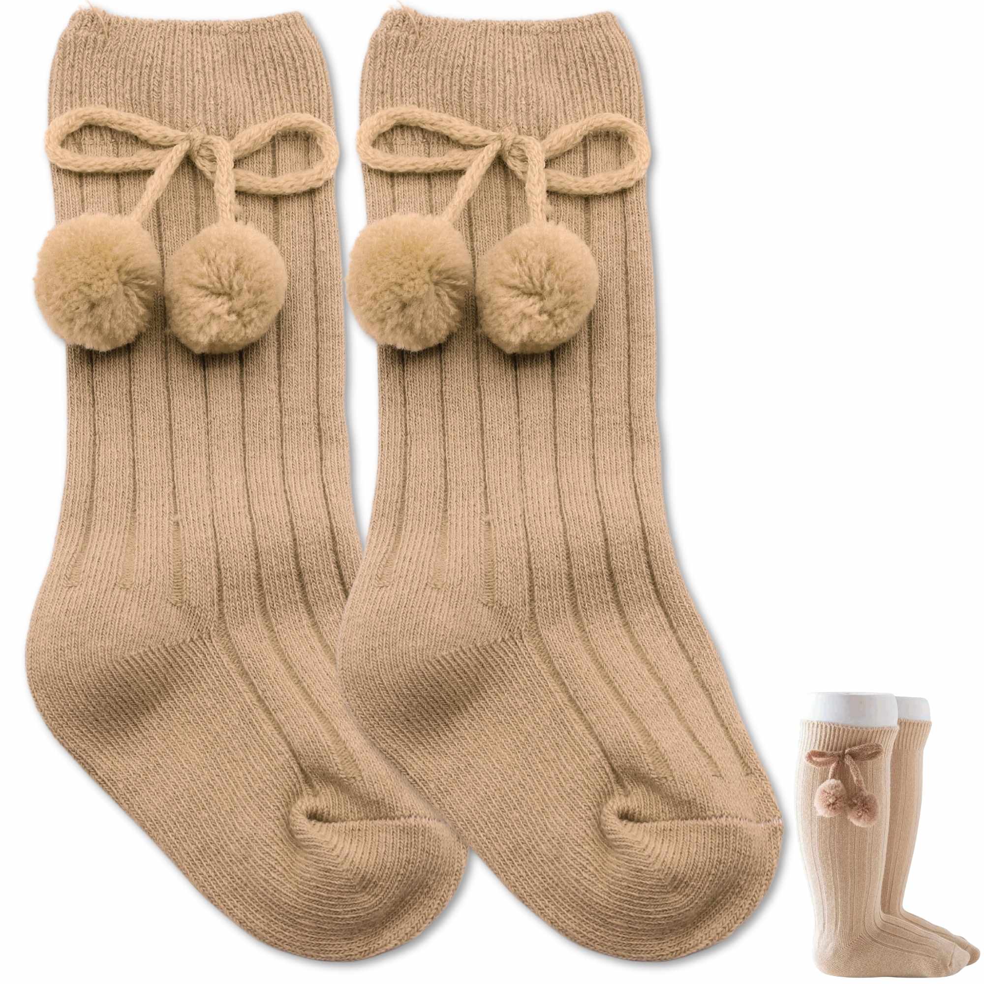 Calcetines Largos de Algodón Con Pompon para bebe 1 a 2 años Beige - imagen 1