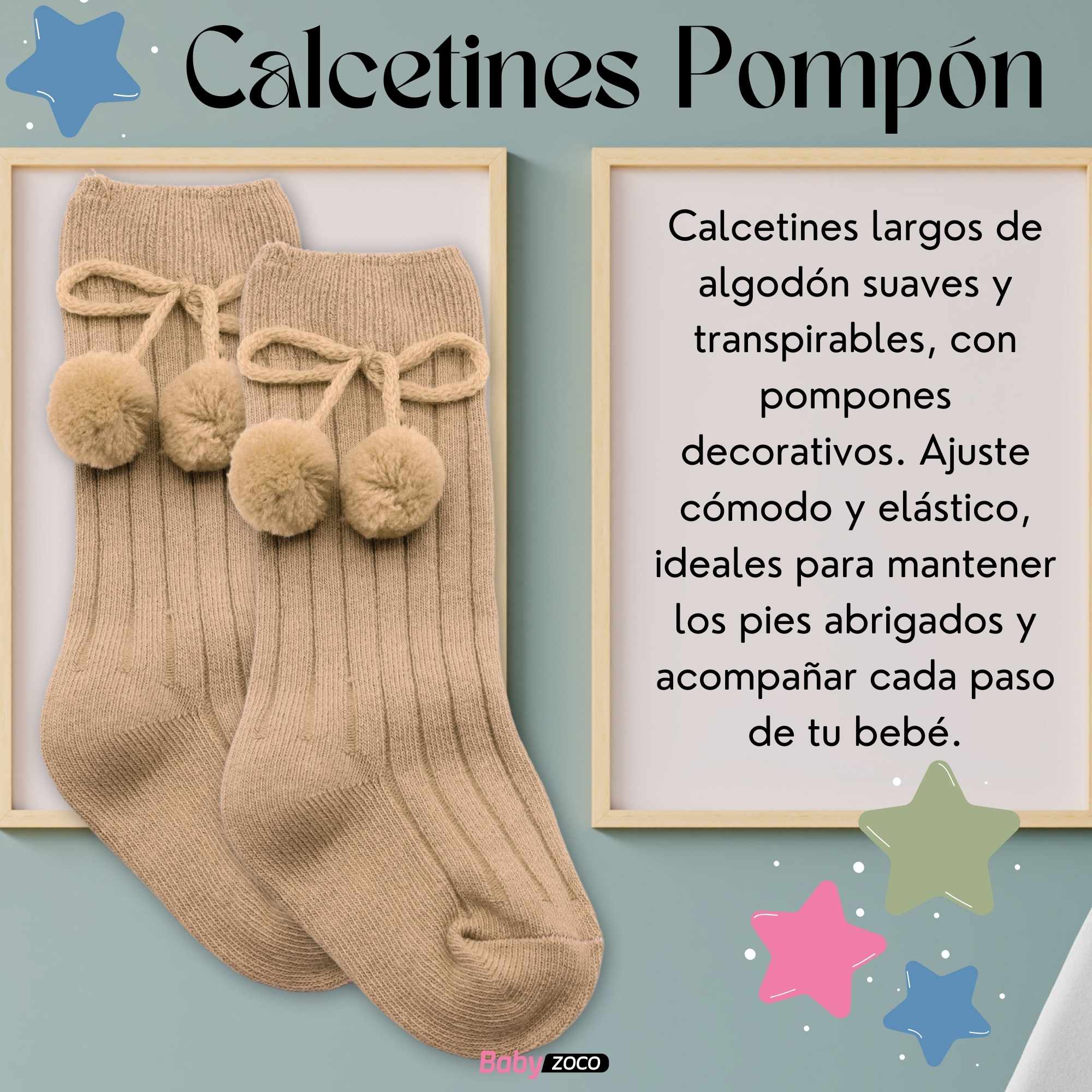 Calcetines Largos de Algodón Con Pompon para bebe 1 a 2 años Beige - imagen 2