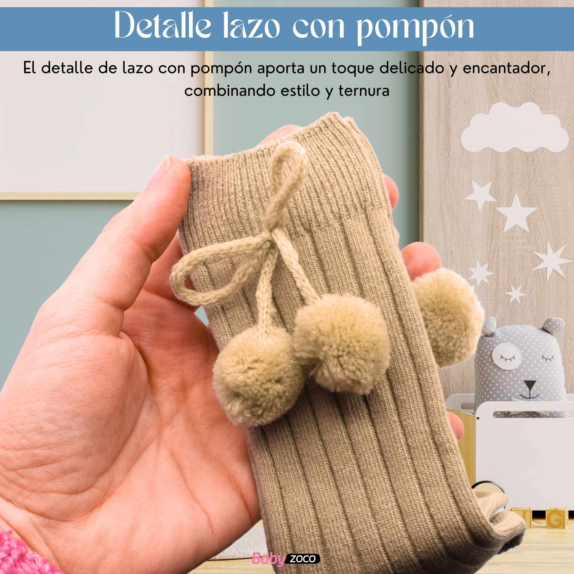 Calcetines Largos de Algodón Con Pompon para bebe 1 a 2 años Beige - imagen 3