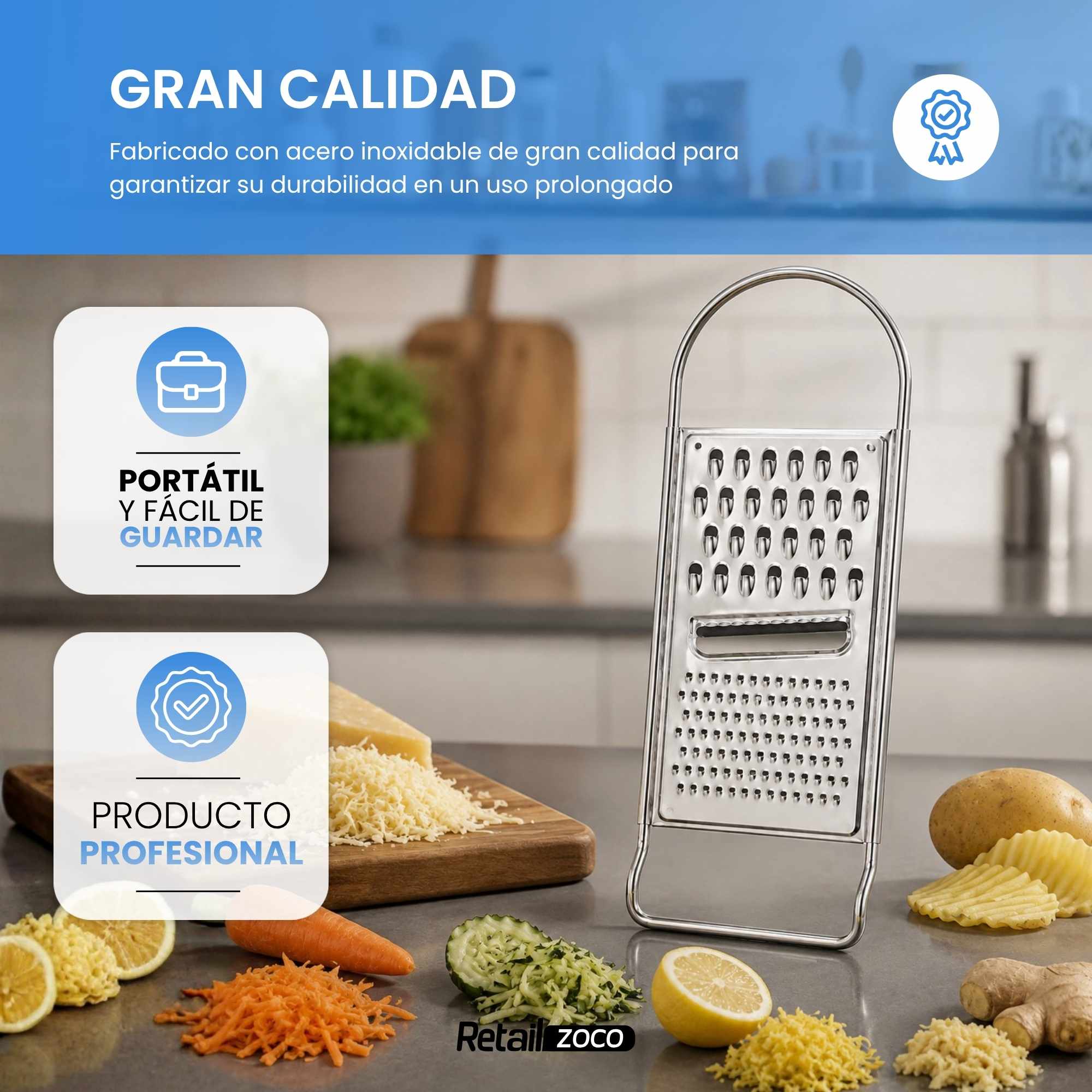 Rallador Plano De Cocina 3 en 1 de Acero Inoxidable - imagen 6