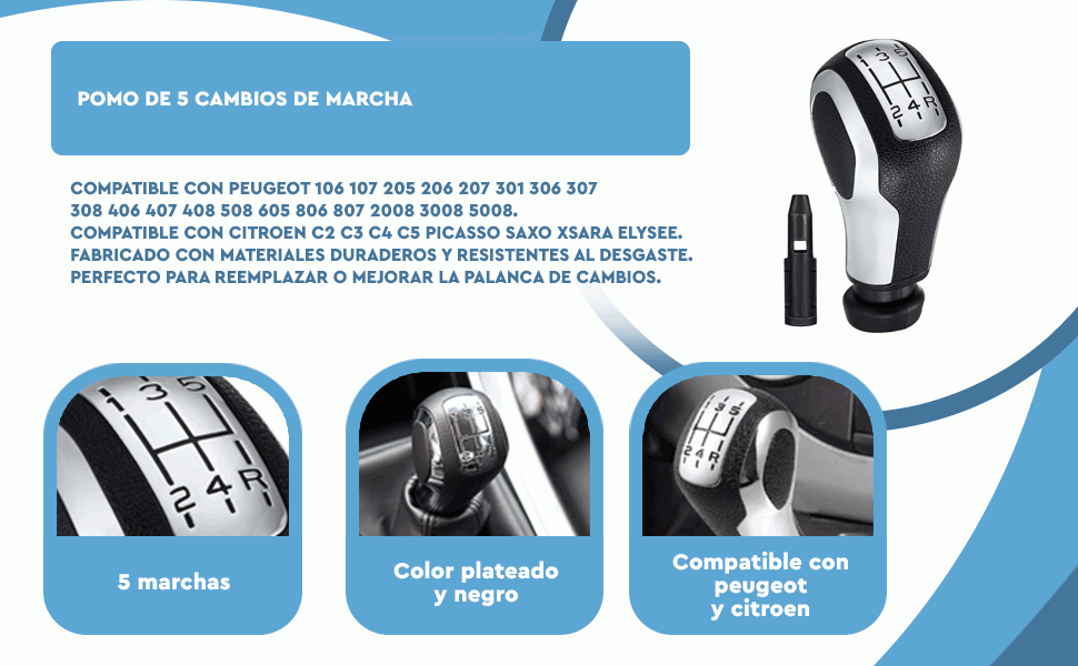 Banner - Pomo de 5 cambios marcha coche con perilla Compatible con Peugeot y Citroen