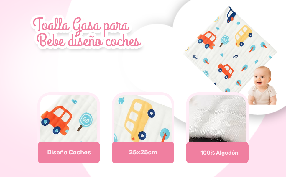 Banner - Toalla gasa para bebe diseño coches 25 cm