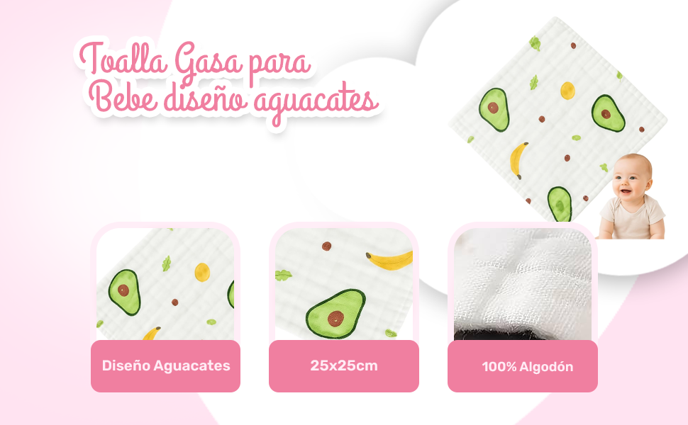 Banner - Toalla gasa para bebe diseño aguacates 25 cm