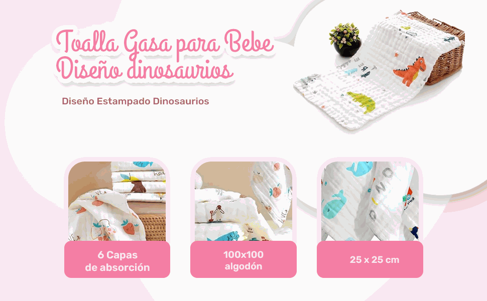 Banner - Toalla gasa para bebe diseño dinosaurios 25 cm
