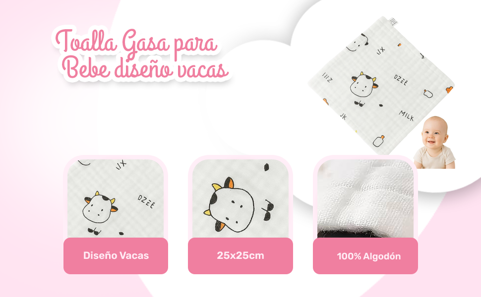 Banner - Toalla gasa para bebe diseño vaca 25 cm
