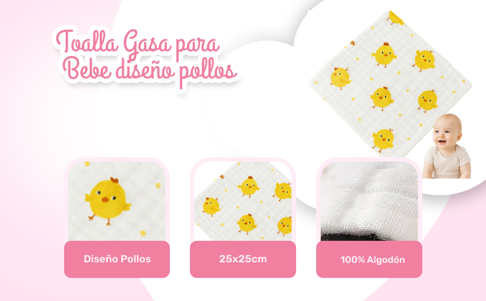 Banner - Toalla gasa para bebe diseño pollos 25 cm