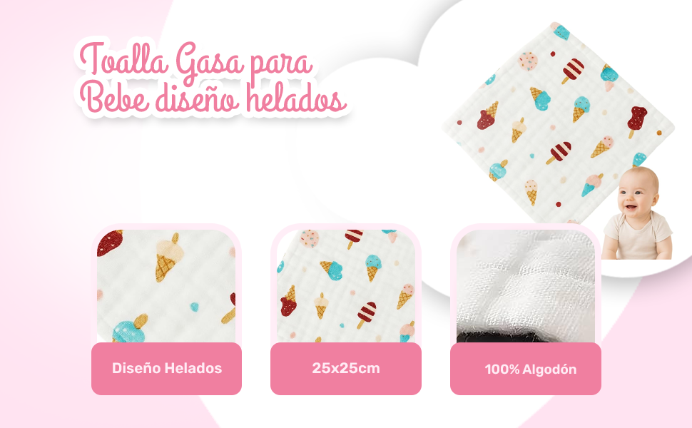 Banner - Toalla gasa para bebe diseño helados 25 cm