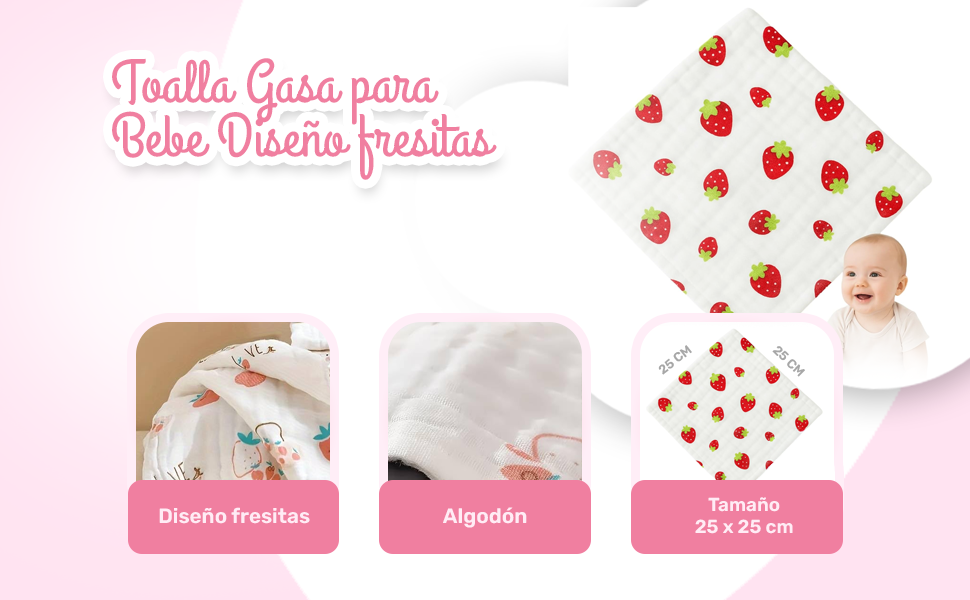 Banner - Toalla gasa para bebe diseño fresas 25 cm