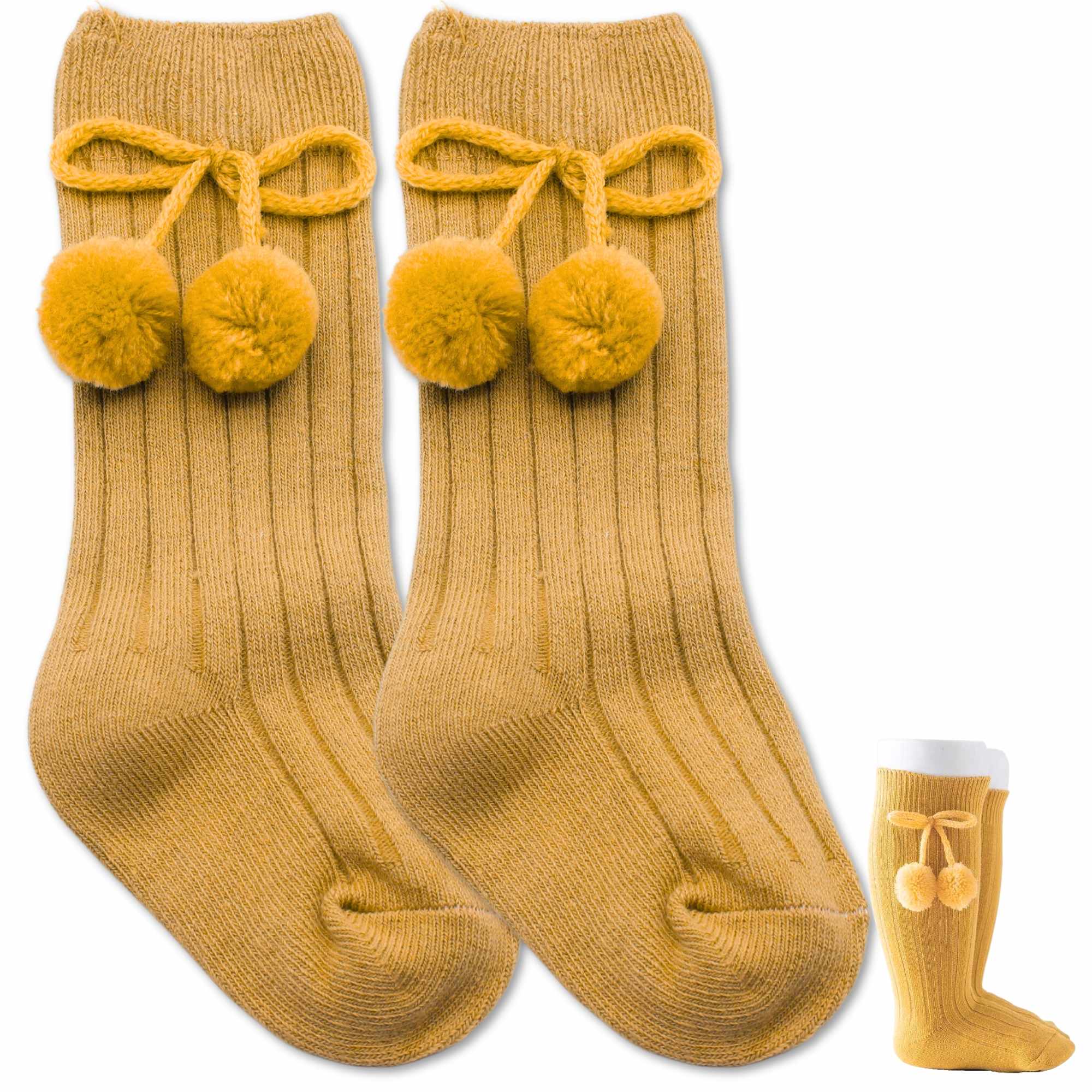 Calcetines Largos de Algodón Con Pompon para bebe 3 a 12 meses Amarillo