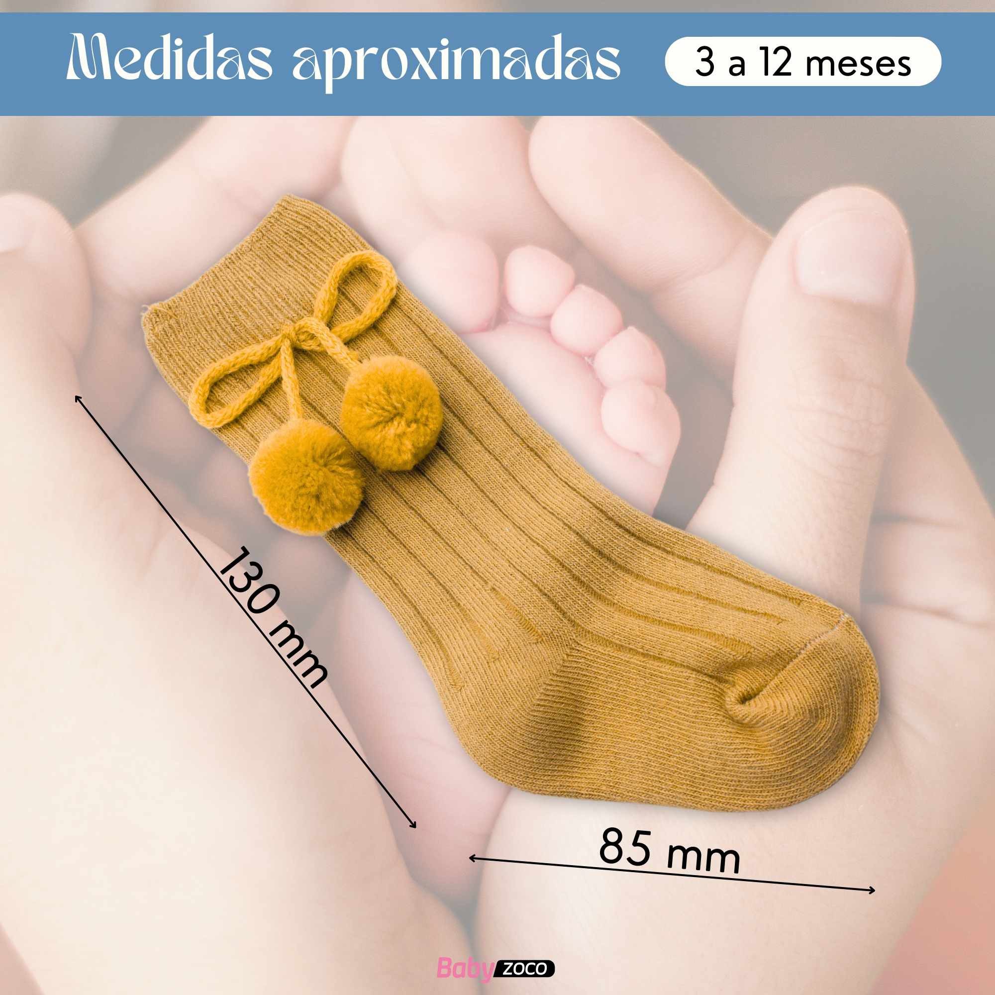 Calcetines Largos de Algodón Con Pompon para bebe 3 a 12 meses Amarillo - imagen 5