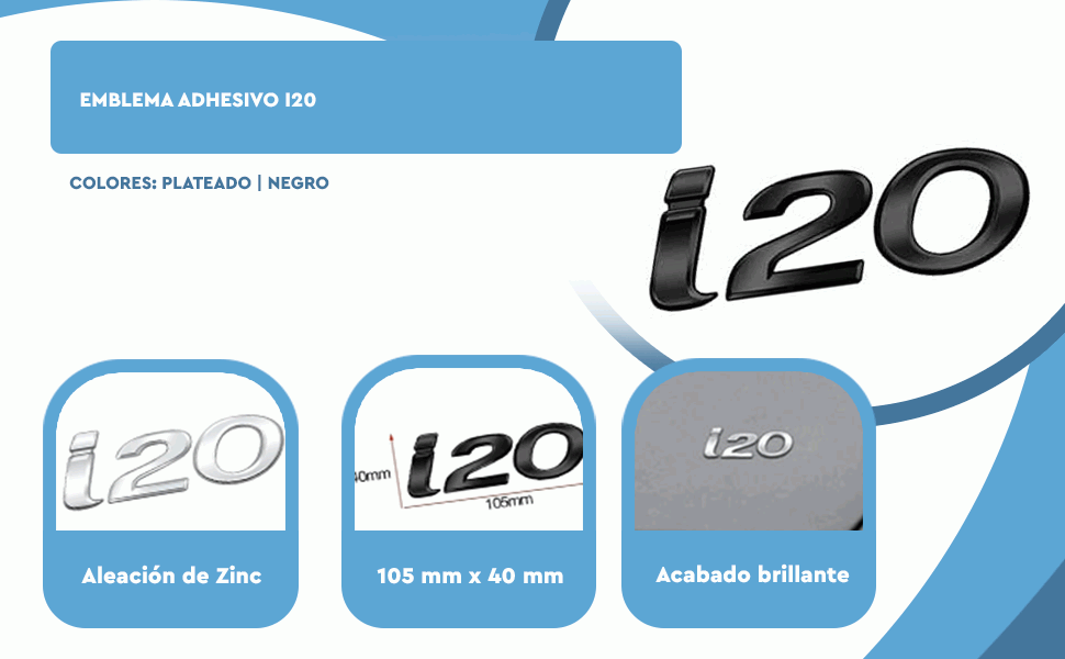 Banner - Emblema adhesivo metálico i20 Compatible Con Hyundai Negro brillo