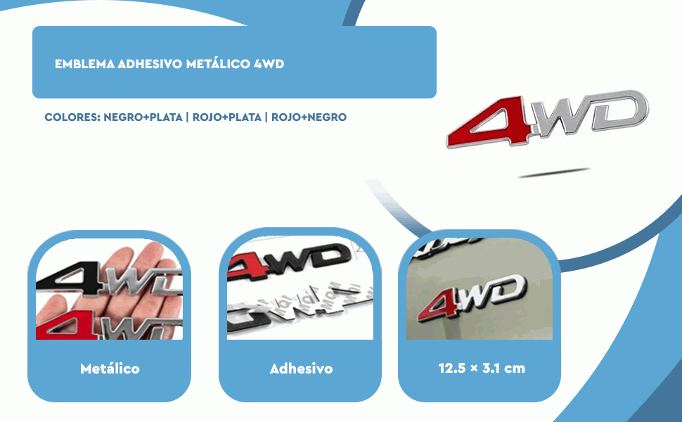 Banner - Emblema adhesivo metálico 4WD plateado y negro 12.5 cm