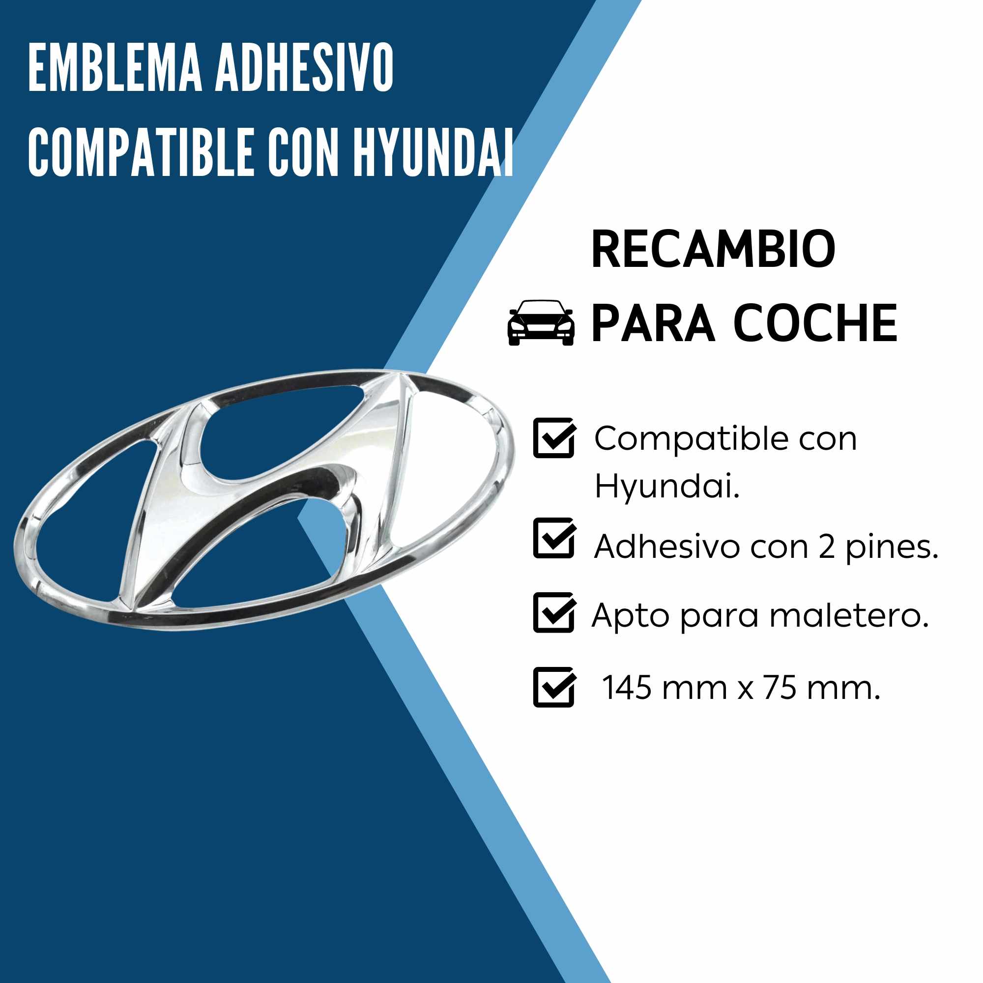Emblema Adhesivo 2 Pin Maletero Compatible Con Hyundai 145mm  Plateado Brillo - imagen 3