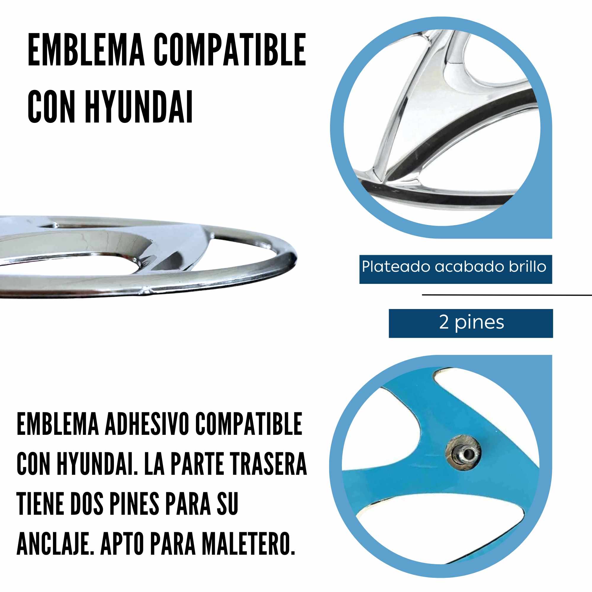 Emblema Adhesivo 2 Pin Maletero Compatible Con Hyundai 145mm  Plateado Brillo - imagen 4