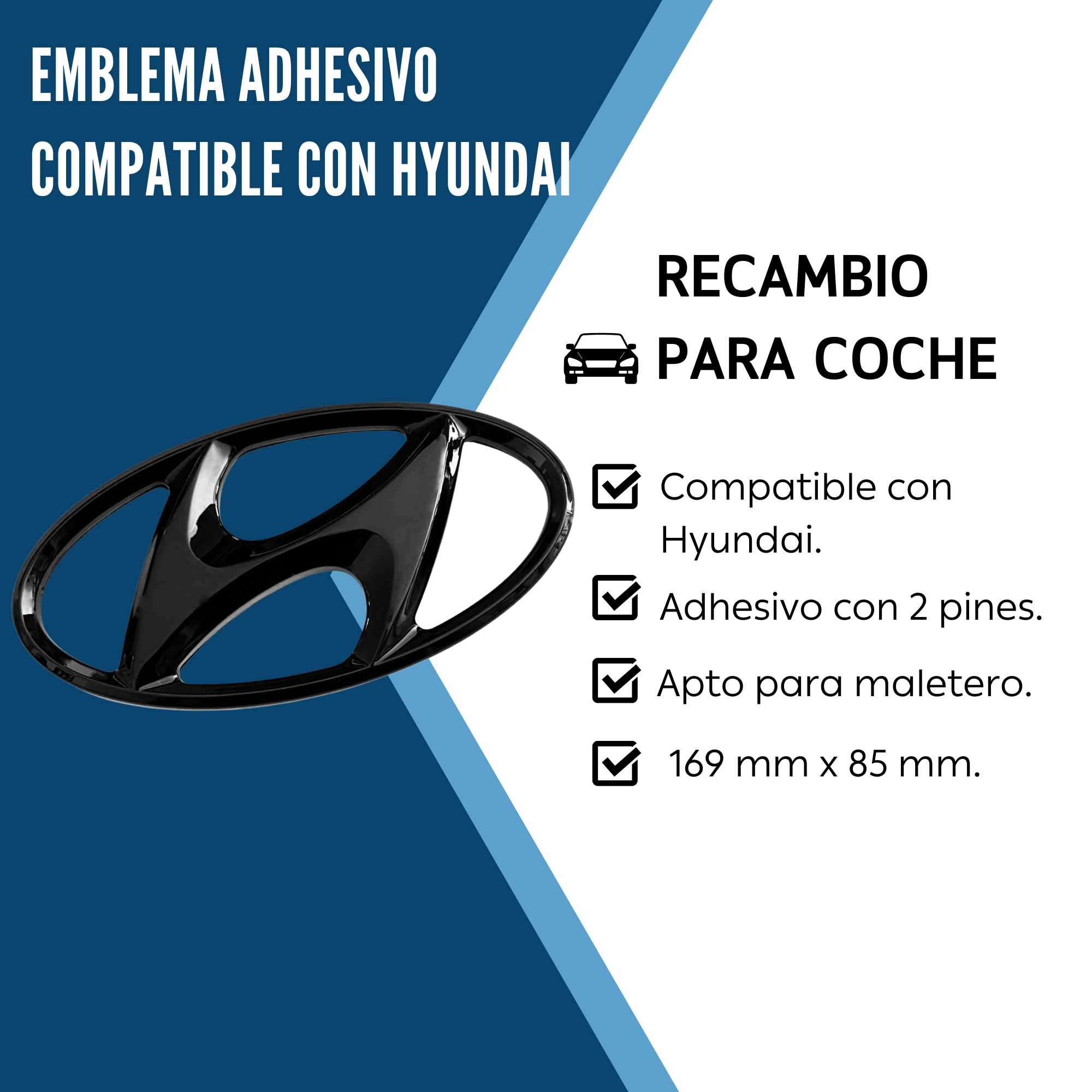 Emblema Adhesivo 2 Pin Maletero Compatible Con Hyundai 169 mm Negro Brillo - imagen 3