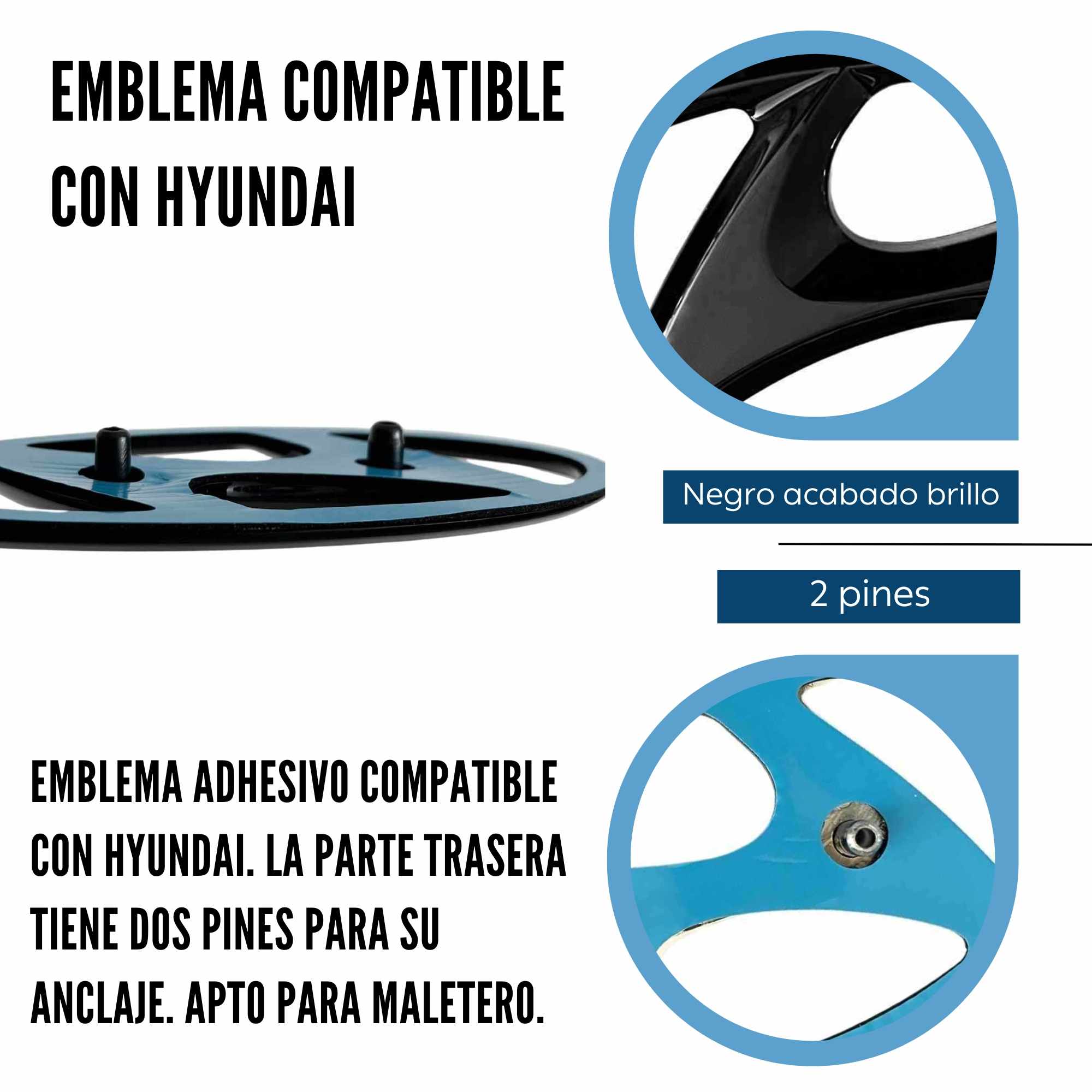 Emblema Adhesivo 2 Pin Maletero Compatible Con Hyundai 169 mm Negro Brillo - imagen 4