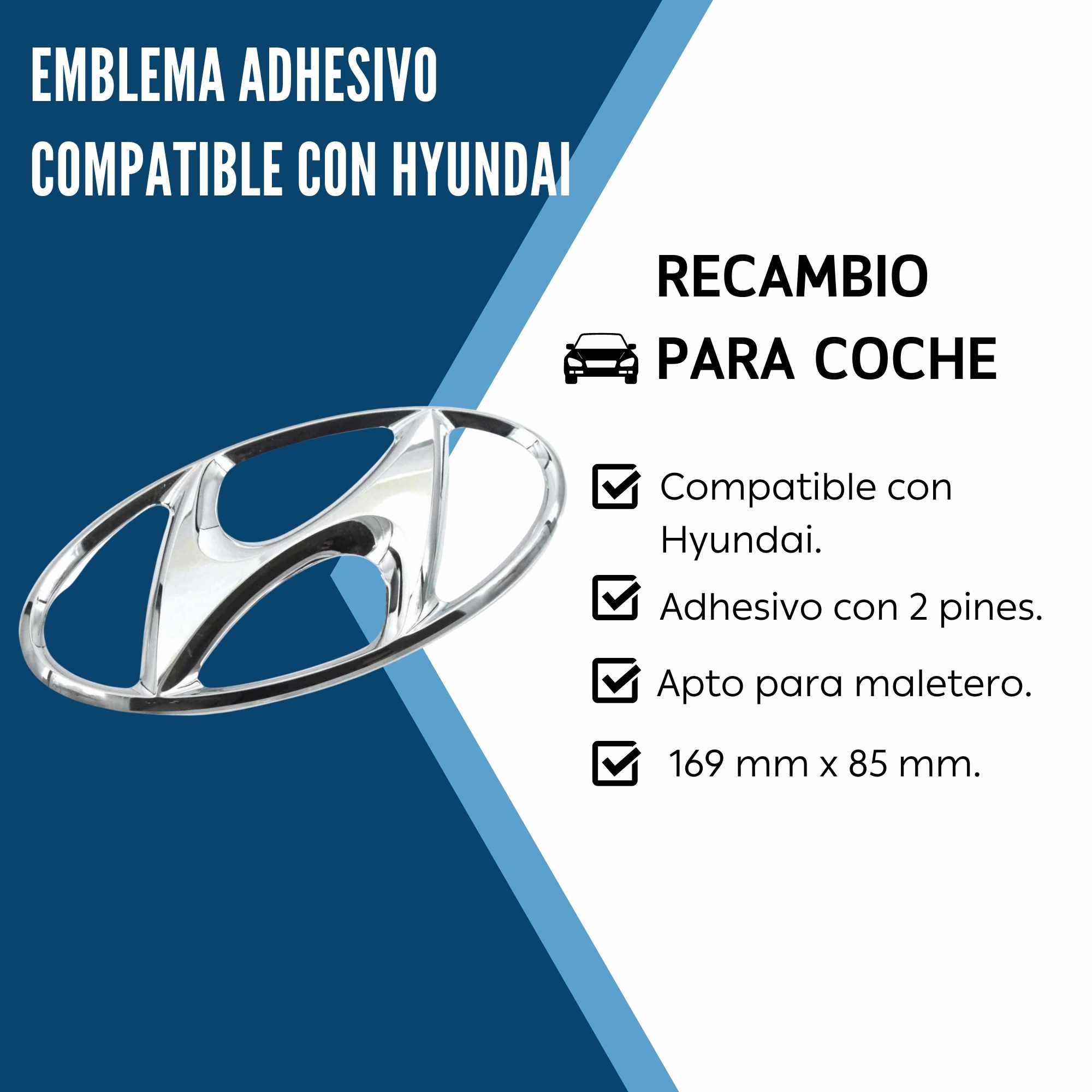 Emblema Adhesivo 2 Pin Maletero Compatible Con Hyundai 169 mm Plateado Brillo - imagen 3