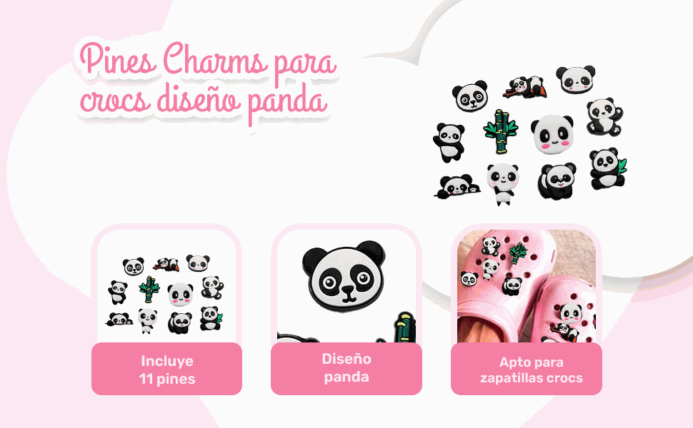 Banner - Pines Charms para crocs diseño Panda pack 11 uds