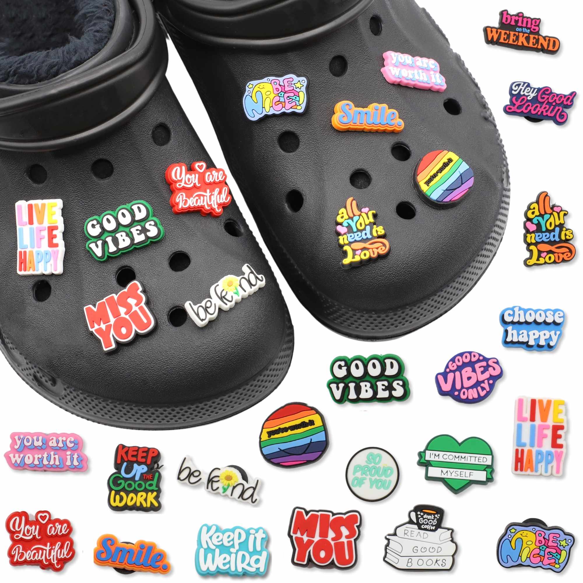 Pines Charms para crocs diseño frases en ingles 20 unidades