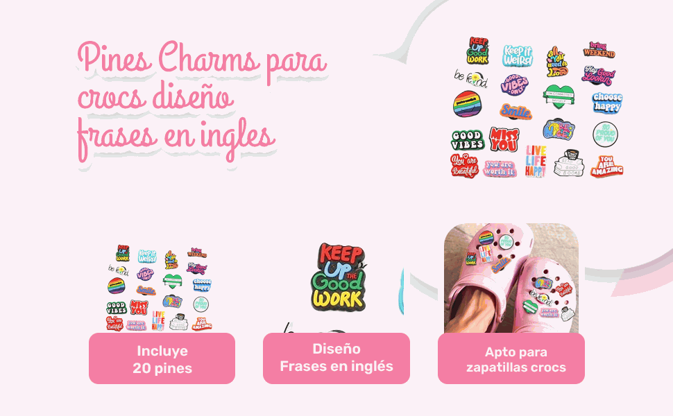 Banner - Pines Charms para crocs diseño frases en ingles 20 unidades