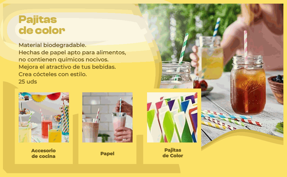 Banner - Pajitas de papel biodegradables 19.6 cm rayas multicolor pack 25 uds