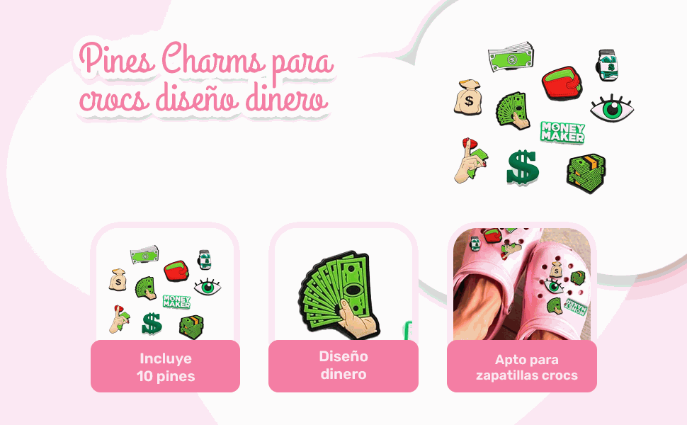 Banner - Pines Charms para crocs diseño dinero pack 10 uds