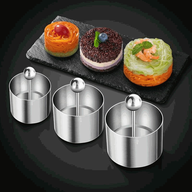 IMIKEYA Set De 6 Moldes De Acero Inoxidable Para Platos Fríos, Postres Y Decoración: 3 Aros Y 3 Prensadores, Fáciles De Limpiar Y Usar, Ideales Para Tartar, Mousse Y Galletas