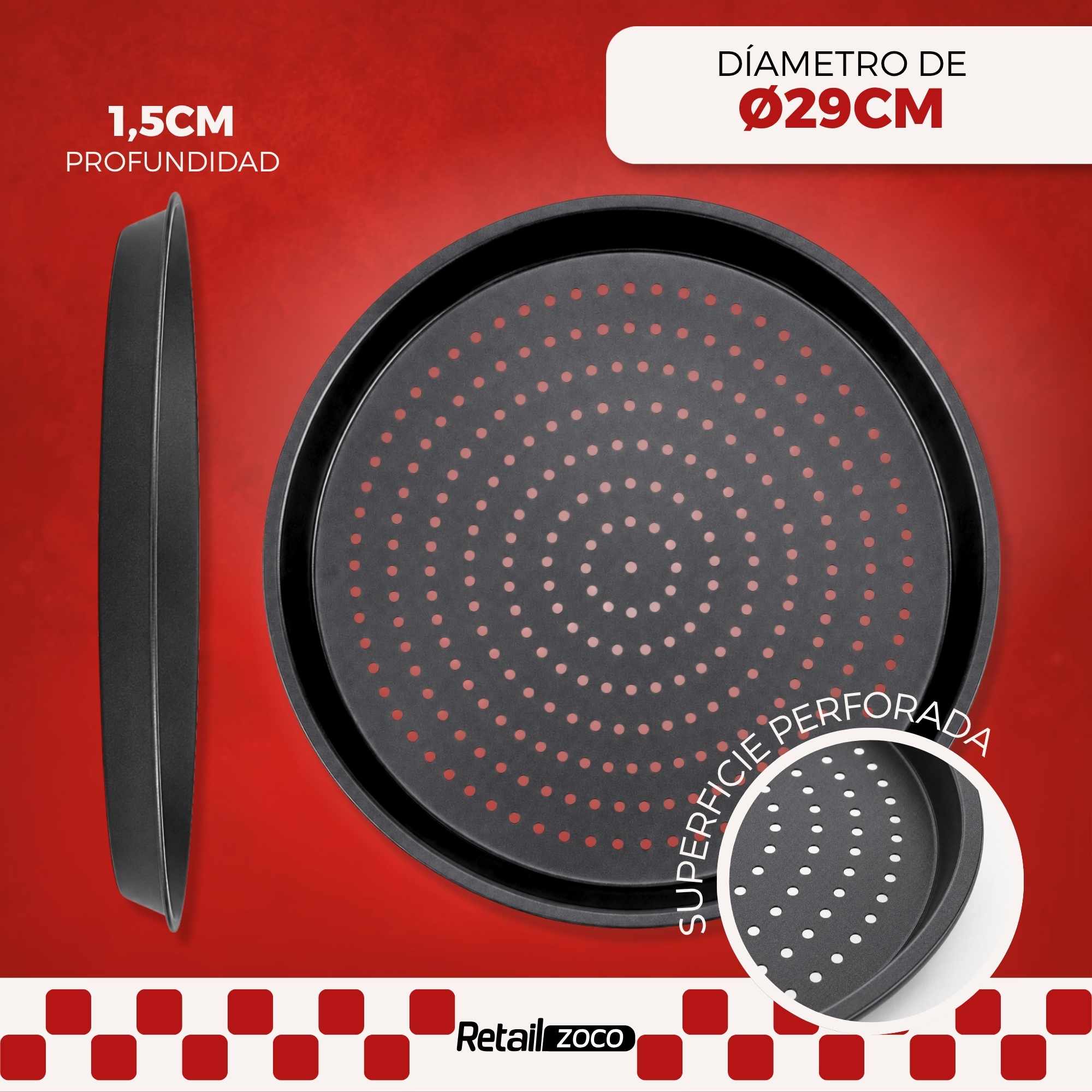 Bandeja Pizza Horno Redonda Antiadherente y Perforada 29 cm Negro - imagen 3