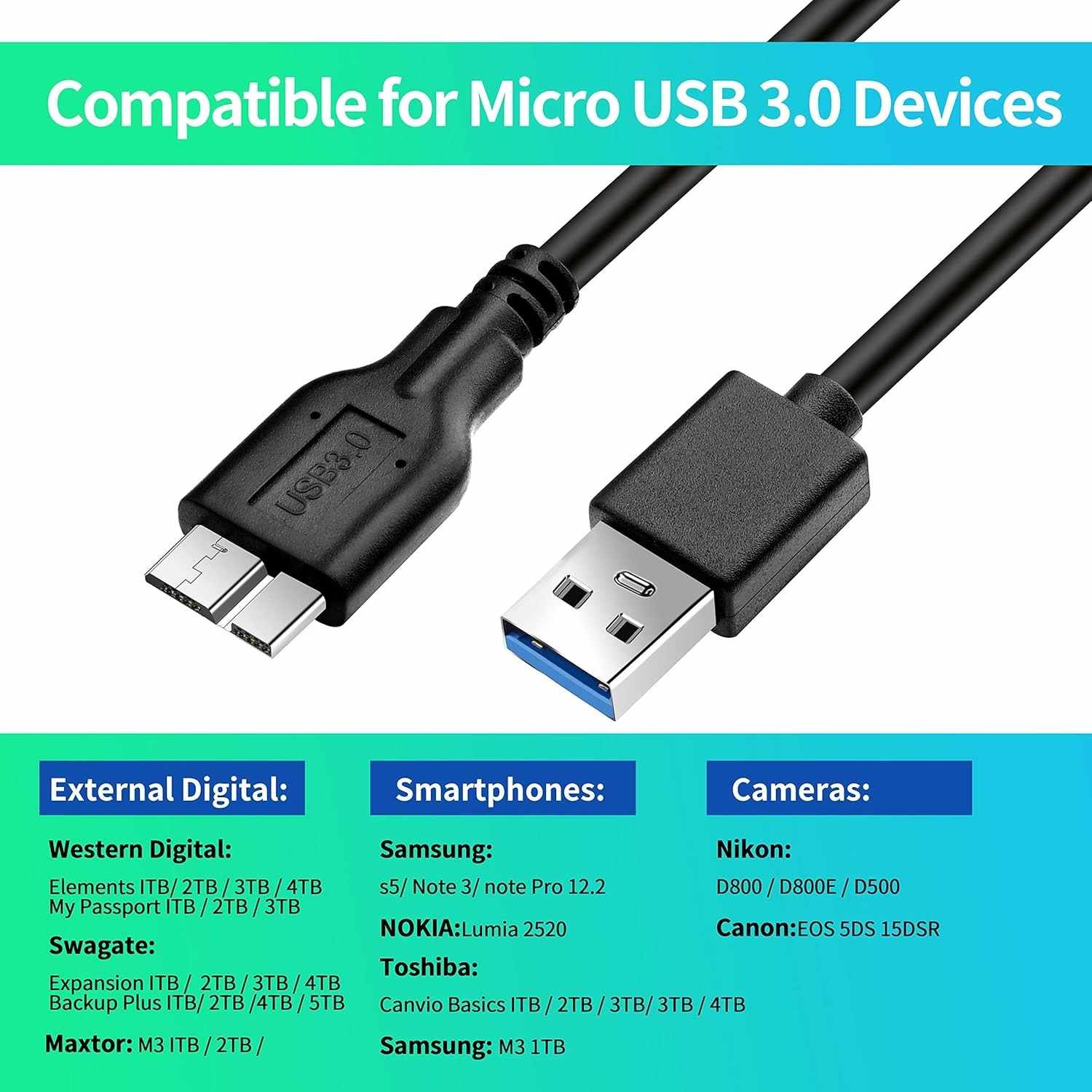 Cable USB 3.0 micro B macho 1 Metro negro - imagen 3